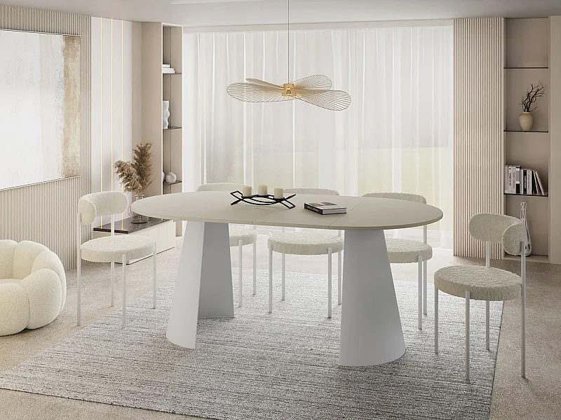 Table à Manger Ronde Extensible Loft – 100 à 180 cm – Table Industrielle avec Pieds en Métal Coniques Blancs pour 5 à 8 Personnes – Gain de Place – Beige Cachemire