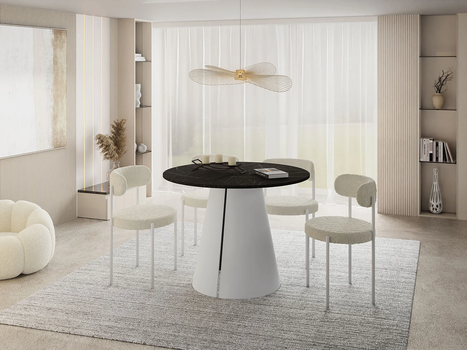 Table à Manger Ronde Extensible Style Loft – 100 à 180cm – Table Industrielle avec Pieds en Métal Coniques Blancs pour 5 à 8 Personnes – Gain de Place – Marbre Noir