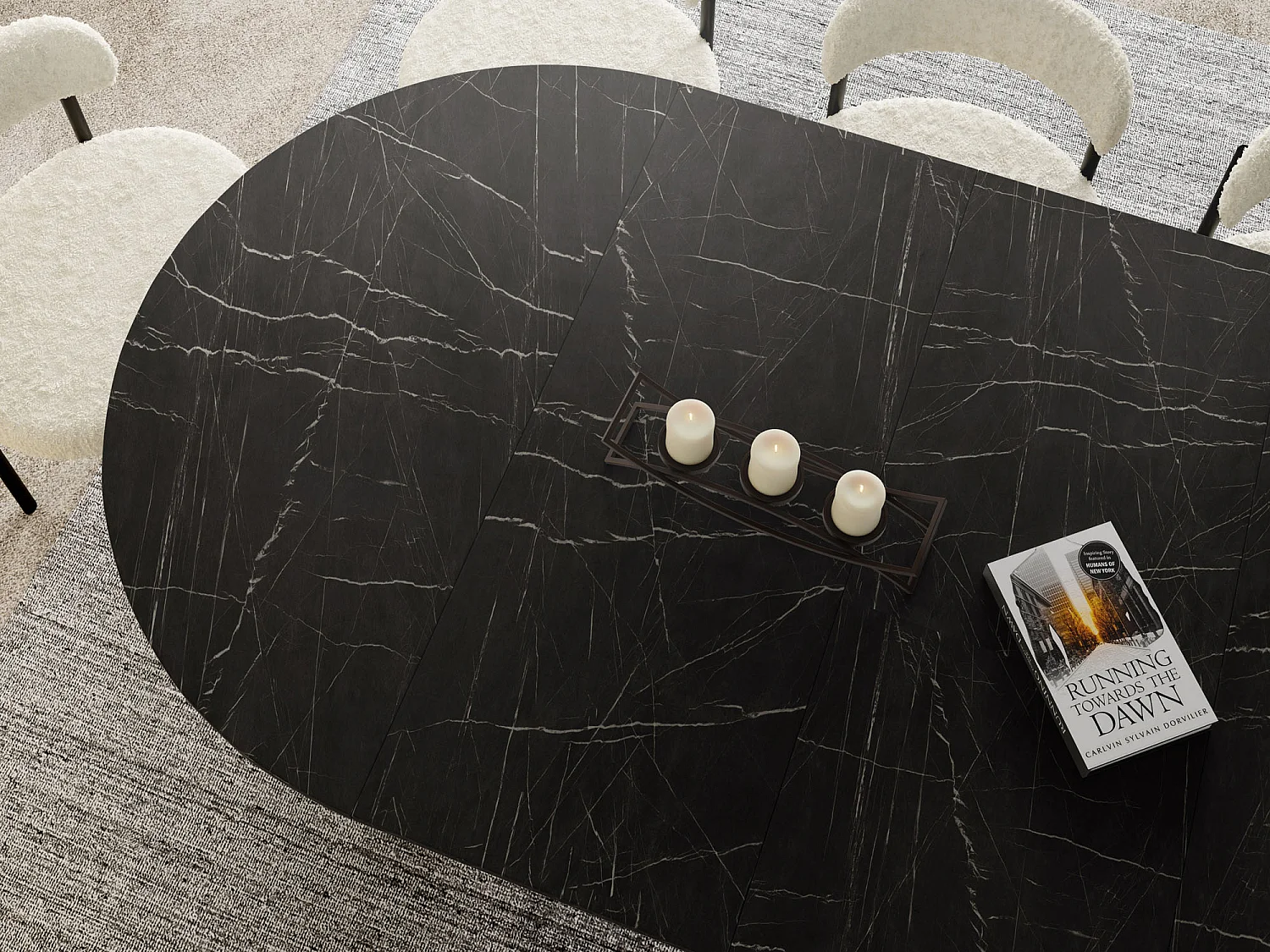 Table à Manger Ronde Extensible Style Loft – 100 à 180cm – Table Industrielle avec Pieds en Métal Coniques Blancs pour 5 à 8 Personnes – Gain de Place – Marbre Noir