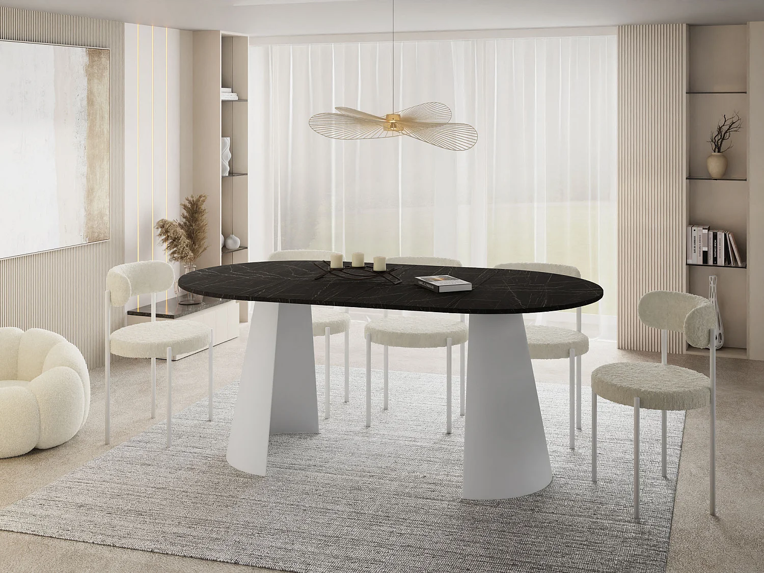 Esstisch Rund Ausziehbar im Loft-Stil – 100 cm – Industrieller Tisch mit Weißen Konischem Metallbeinen für 5-8 Personen, Wohnzimmer Esszimmer – Marmor Schwarz