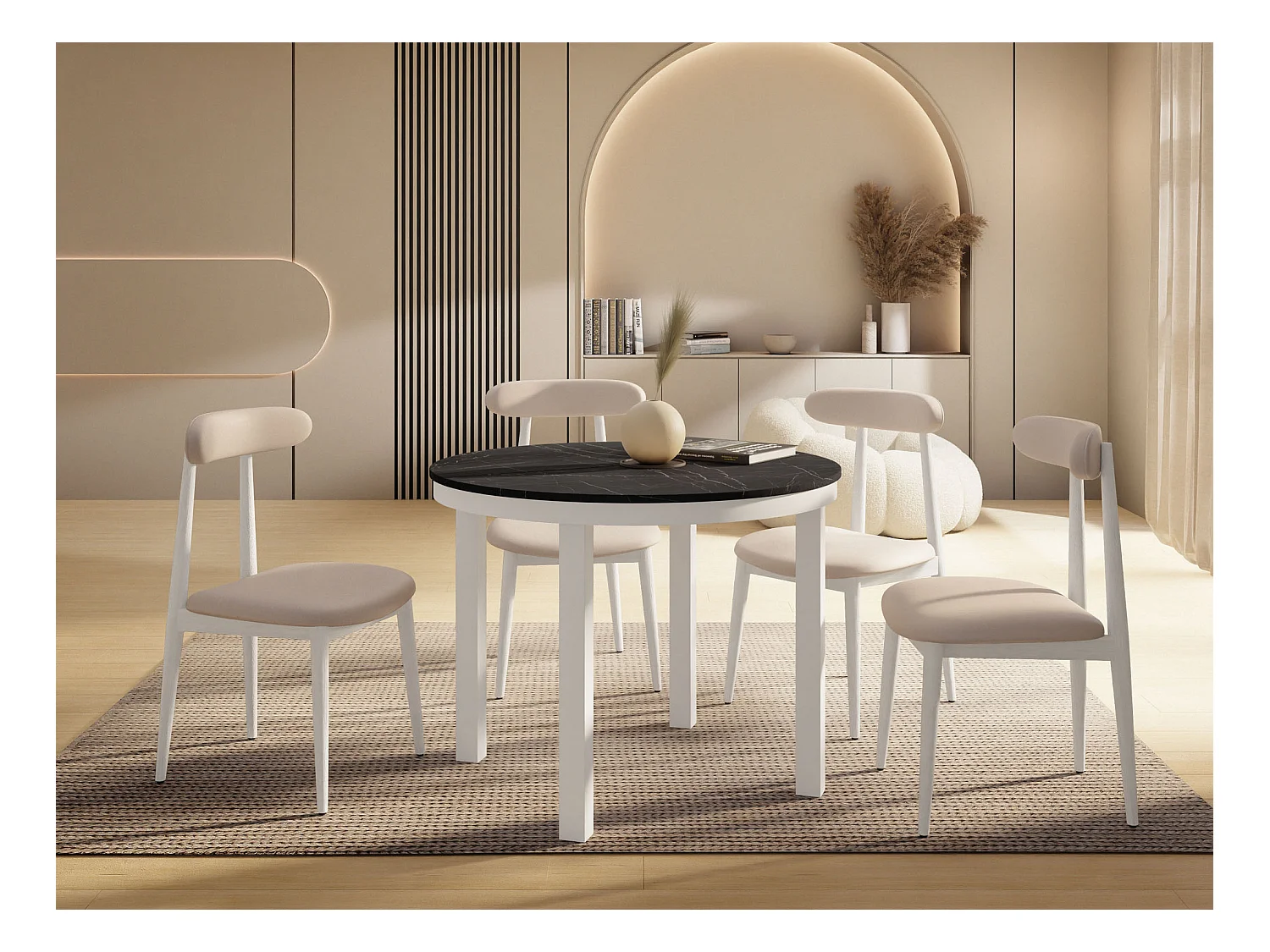 Table à Manger Ronde Extensible avec Pieds Métalliques Blancs – Table Industrielle – Table Gain de Place pour Salon ou Cuisine – 100 cm à 180 cm – Marbre Noir