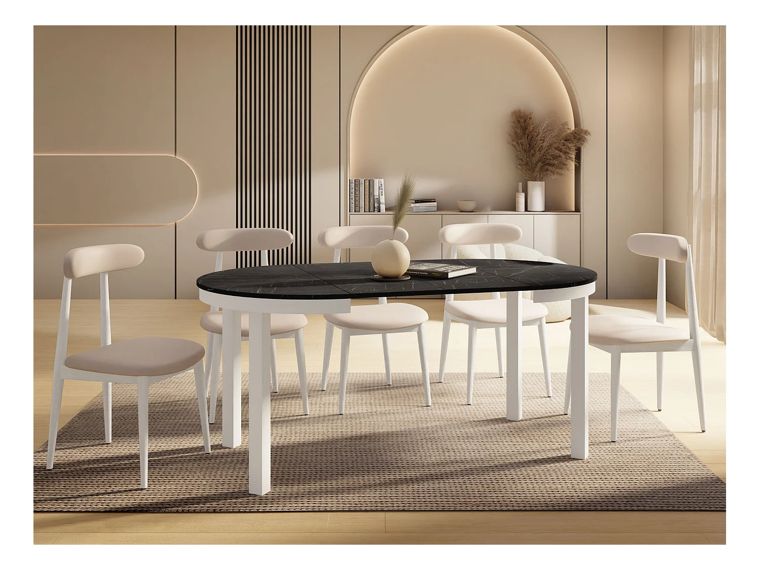 Table à Manger Ronde Extensible avec Pieds Métalliques Blancs – Table Industrielle – Table Gain de Place pour Salon ou Cuisine – 100 cm à 180 cm – Marbre Noir