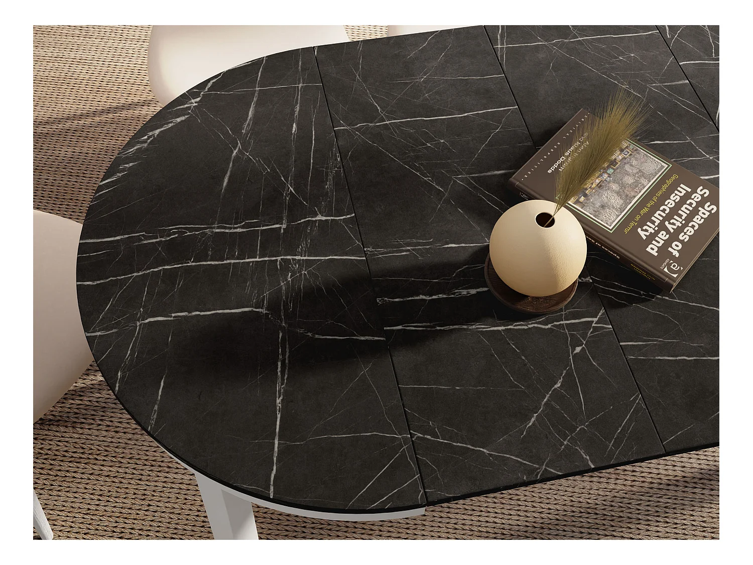 Table à Manger Ronde Extensible avec Pieds Métalliques Blancs – Table Industrielle – Table Gain de Place pour Salon ou Cuisine – 100 cm à 180 cm – Marbre Noir