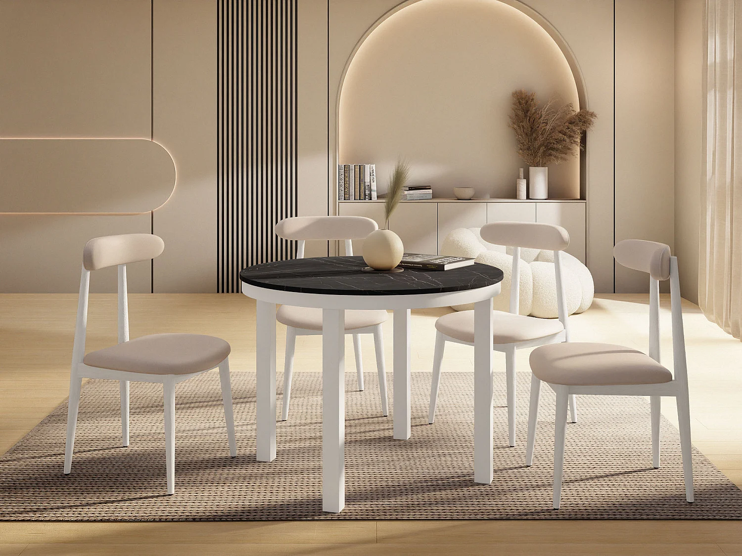 Table à Manger Ronde Extensible avec Pieds Métalliques Blancs – Table Industrielle – Table Gain de Place pour Salon ou Cuisine – 100 cm à 180 cm – Marbre Noir