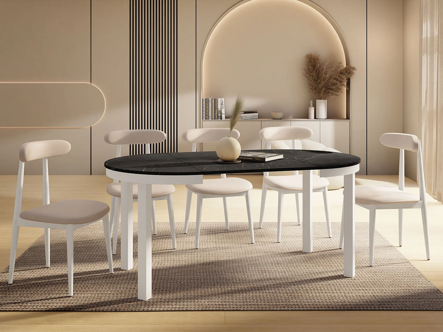 Table à Manger Ronde Extensible avec Pieds Métalliques Blancs – Table Industrielle – Table Gain de Place pour Salon ou Cuisine – 100 cm à 180 cm – Marbre Noir