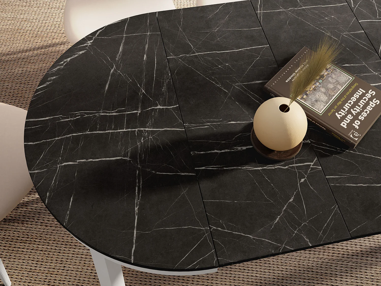 Table à Manger Ronde Extensible avec Pieds Métalliques Blancs – Table Industrielle – Table Gain de Place pour Salon ou Cuisine – 100 cm à 180 cm – Marbre Noir