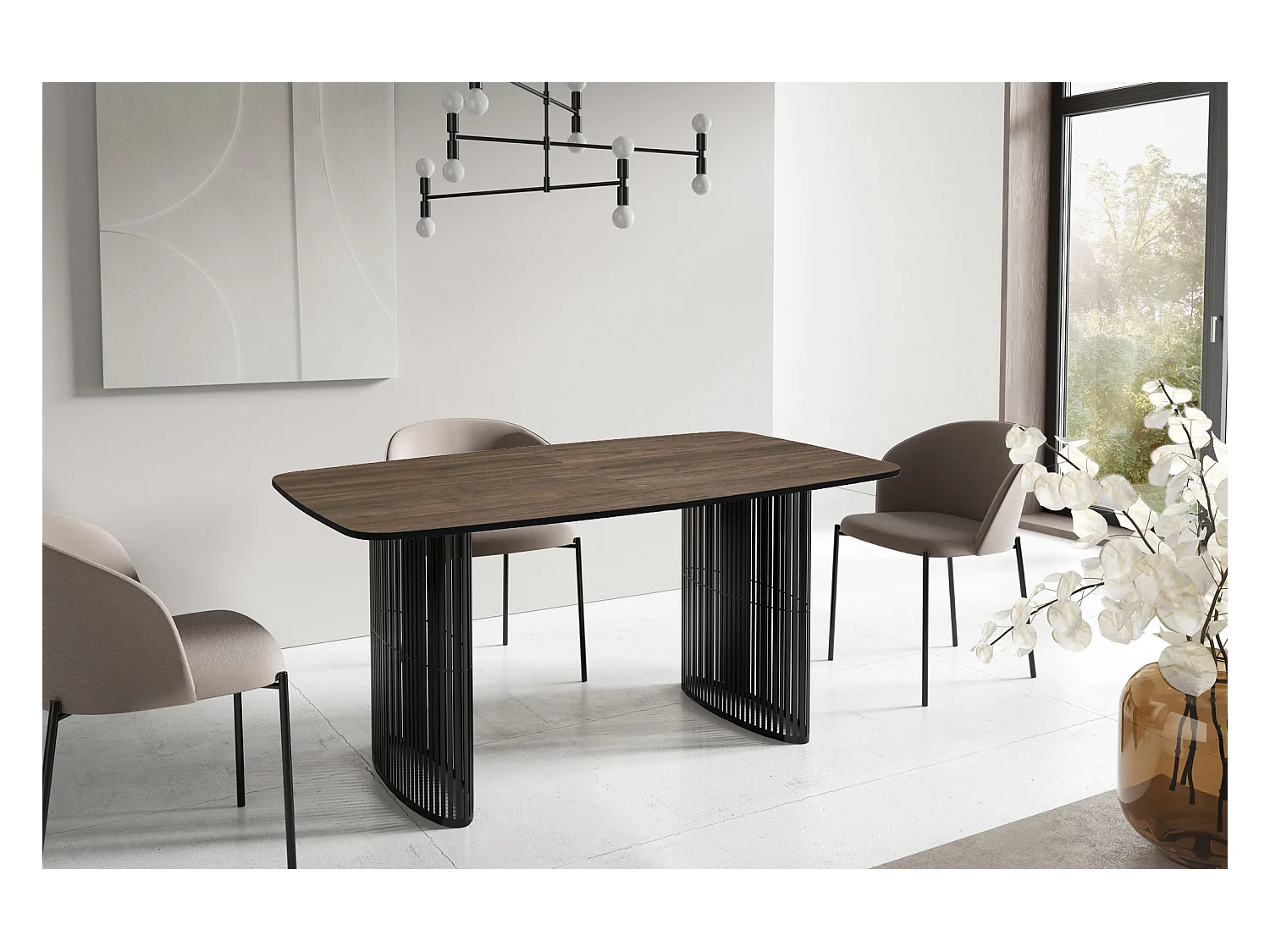 Table à Manger Rectangulaire Extensible à Lamelles Style Loft – 160 à 240 cm – Table avec Pieds en Métal Noir, Coins Arrondis pour 8-12 Personnes – Marron Noyer