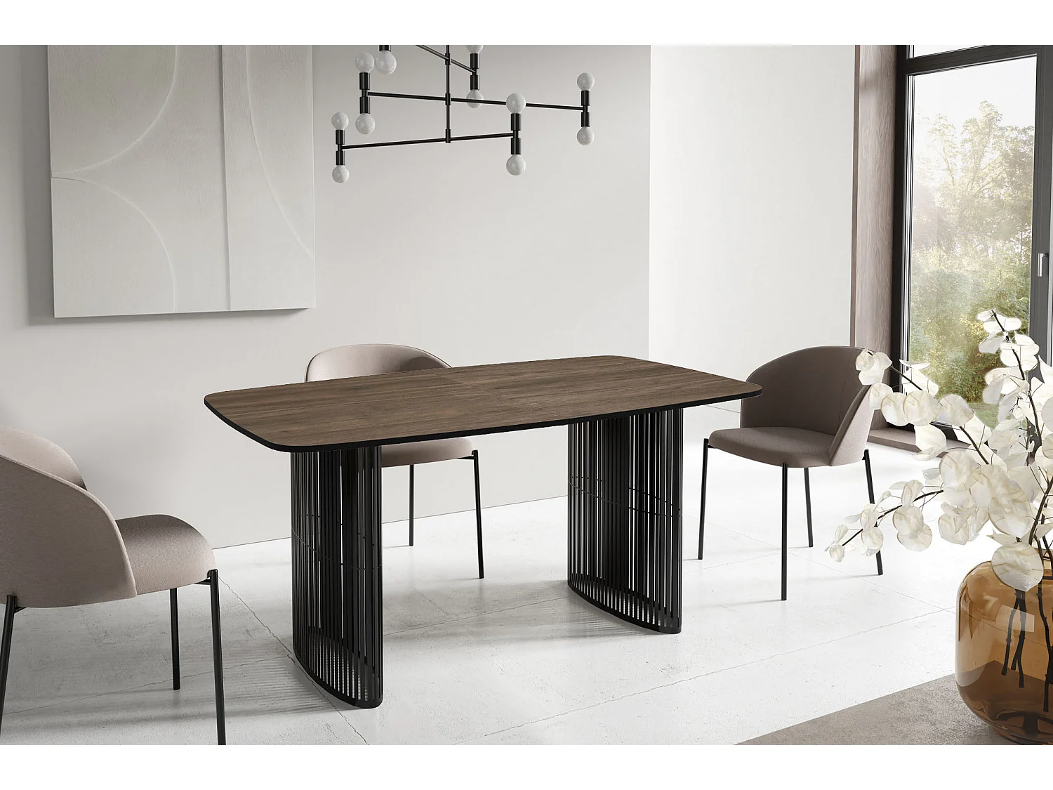 Esstisch Rechteckig Ausziehbar mit Lamellen im Loft-Stil – 160 bis 240 cm – Schwarzen Metallbeinen, Abgerundeten Ecken – für 8-12 Personen – Walnuss Braun