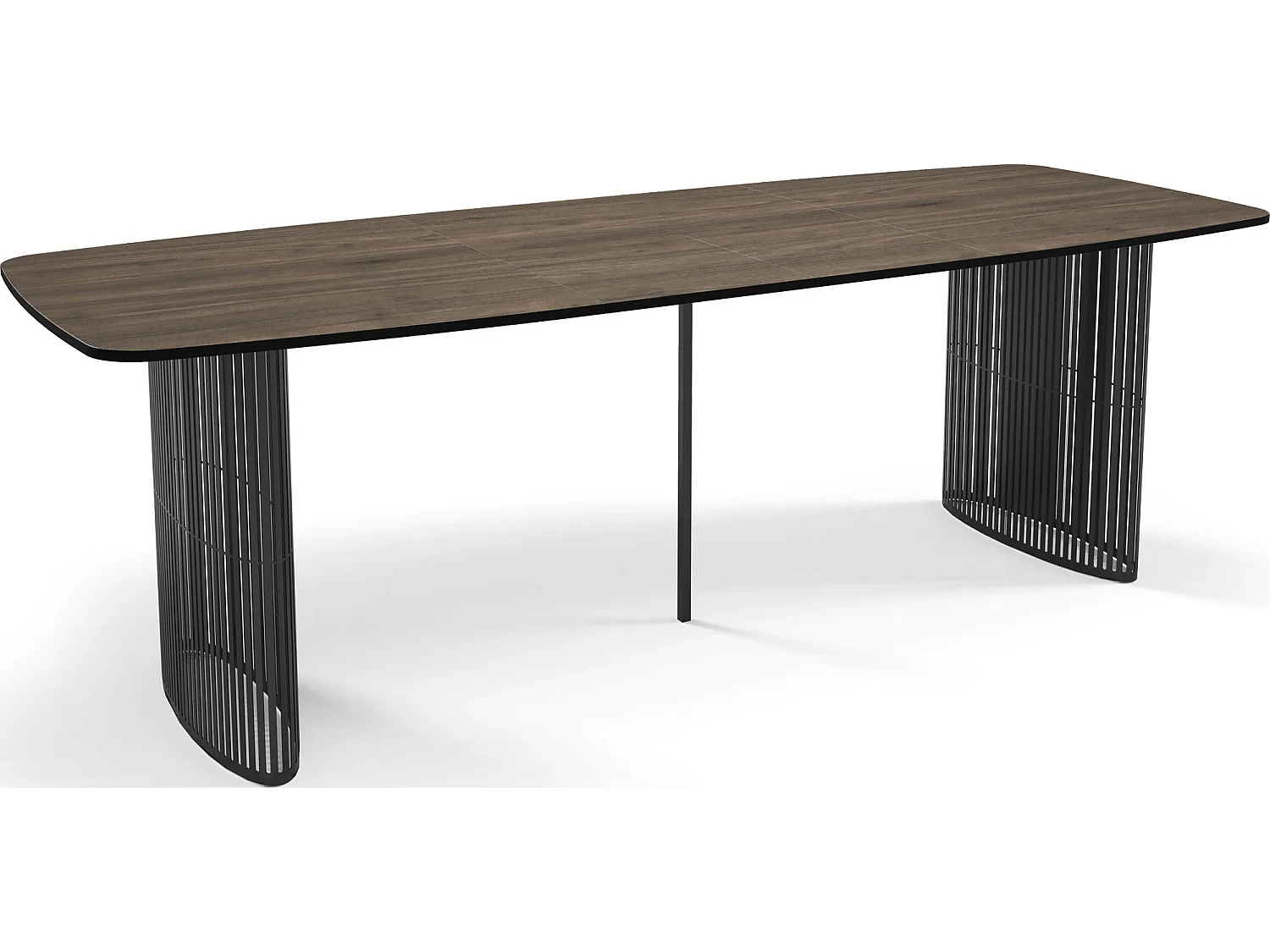 Esstisch Rechteckig Ausziehbar mit Lamellen im Loft-Stil – 160 bis 240 cm – Schwarzen Metallbeinen, Abgerundeten Ecken – für 8-12 Personen – Walnuss Braun