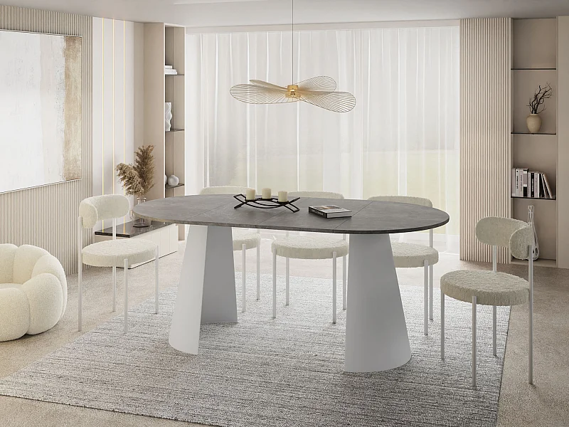 Esstisch Rund Ausziehbar im Loft-Stil – 120 cm – Industrieller Tisch mit Weißen Konischem Metallbeinen für 6-10 Personen, Wohnzimmer Esszimmer – Grauer Beton