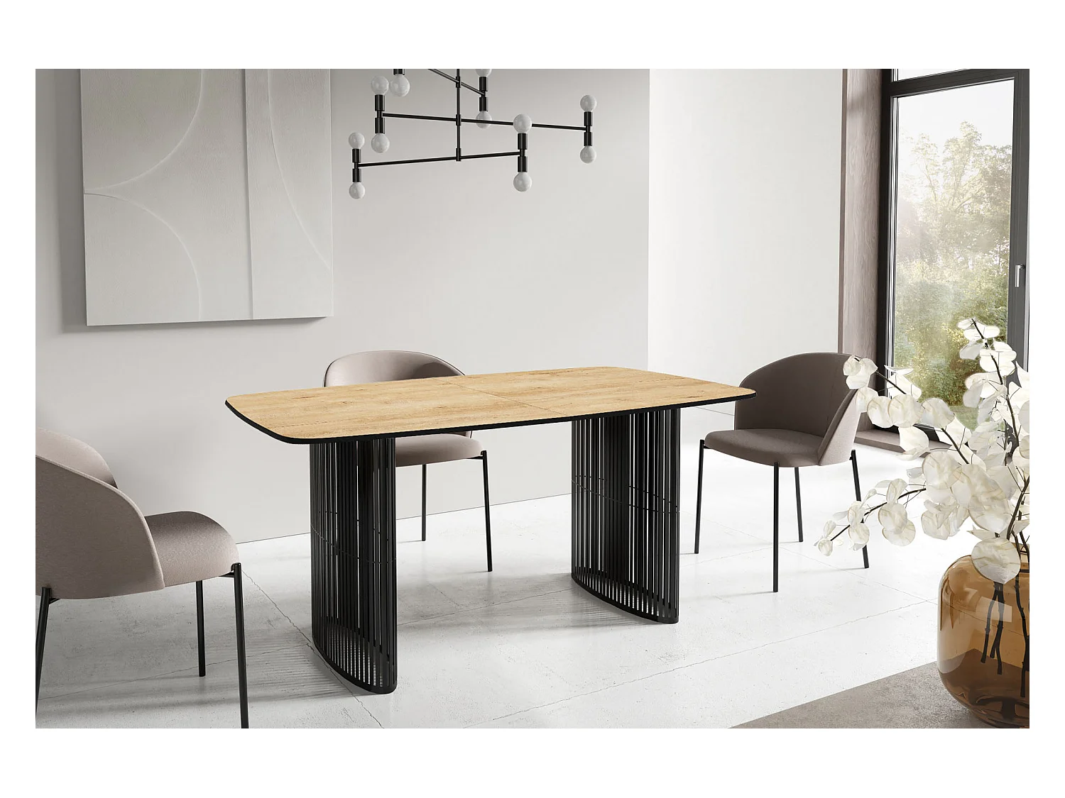 Esstisch Rechteckig Ausziehbar mit Lamellen im Loft-Stil – 200 bis 280 cm – Schwarzen Metallbeinen, Abgerundeten Ecken – für 12-16 Personen – Wohnzimmer – Braun