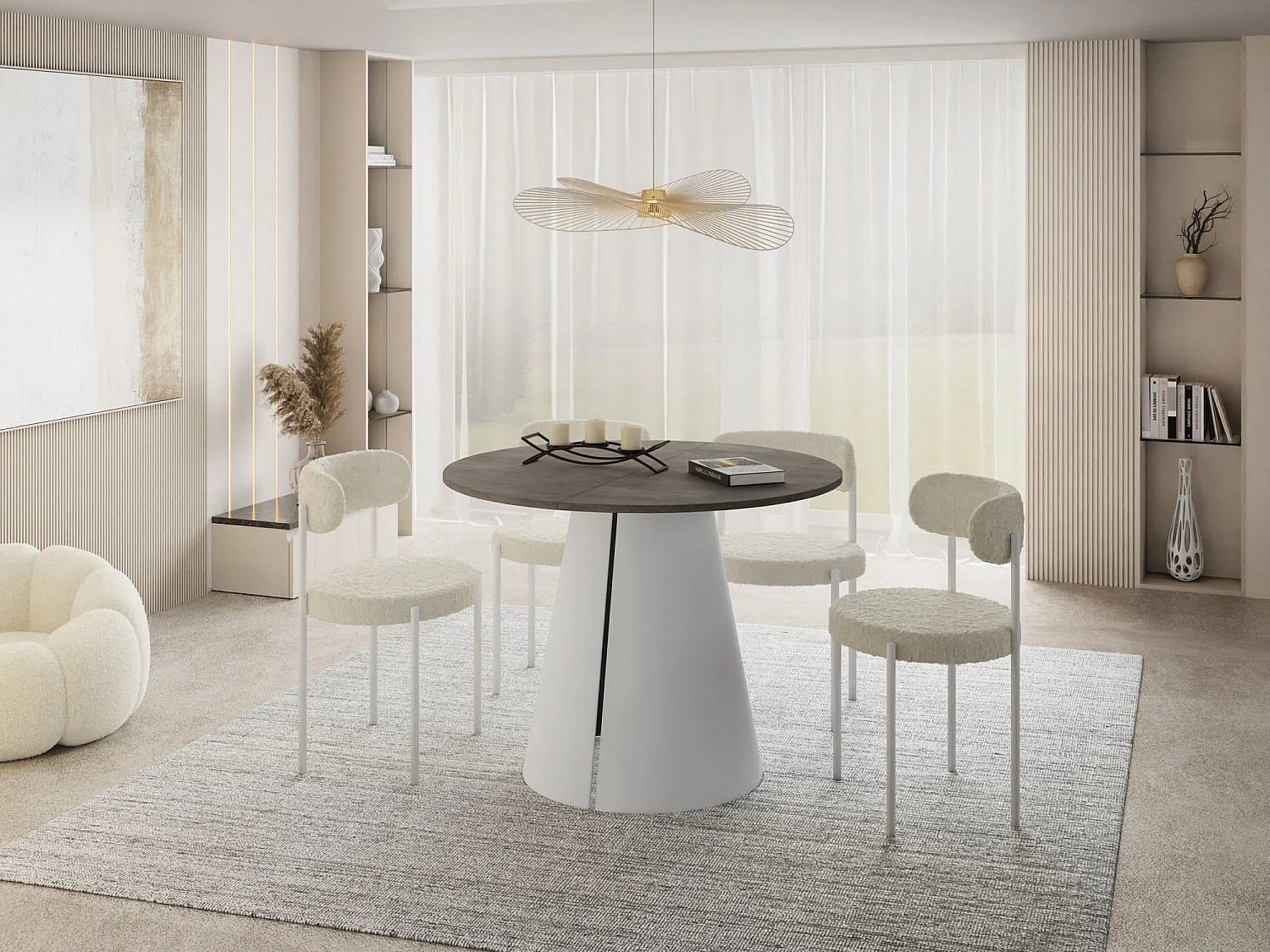 Esstisch Rund Ausziehbar im Loft-Stil – 100 cm – Industrieller Tisch mit Weißen Konischem Metallbeinen für 5-8 Personen, Wohnzimmer – Beton-Optik Dunkelgrau