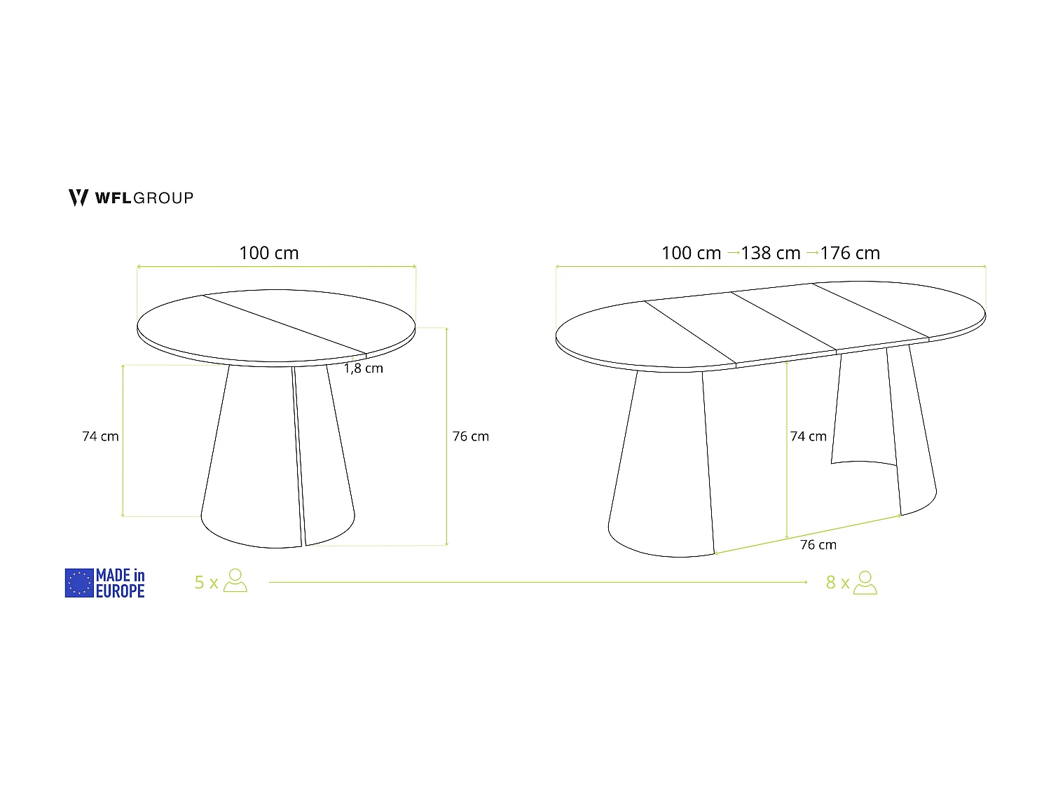 Esstisch Rund Ausziehbar im Loft-Stil – 100 cm – Industrieller Tisch mit Weißen Konischem Metallbeinen für 5-8 Personen, Wohnzimmer – Beton-Optik Dunkelgrau