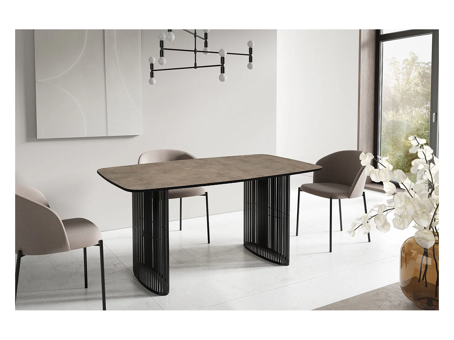 Table à Manger Rectangulaire Extensible à Lamelles Style Loft – 200 à 280cm – Table avec Pieds en Métal Noir, Coins Arrondis pour 12-16 Personnes – Béton Gris Foncé