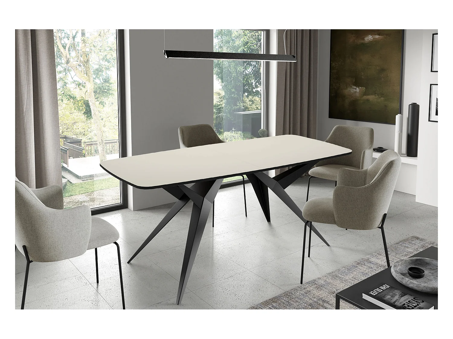 Ausziehbarer Esstisch im Loft-Stil – Rechteckiger Tisch mit Schwarzen Metallbeinen – Industrietisch mit Abgerundeten Ecken für 6-10 Personen – 160 cm Beige Cashmere