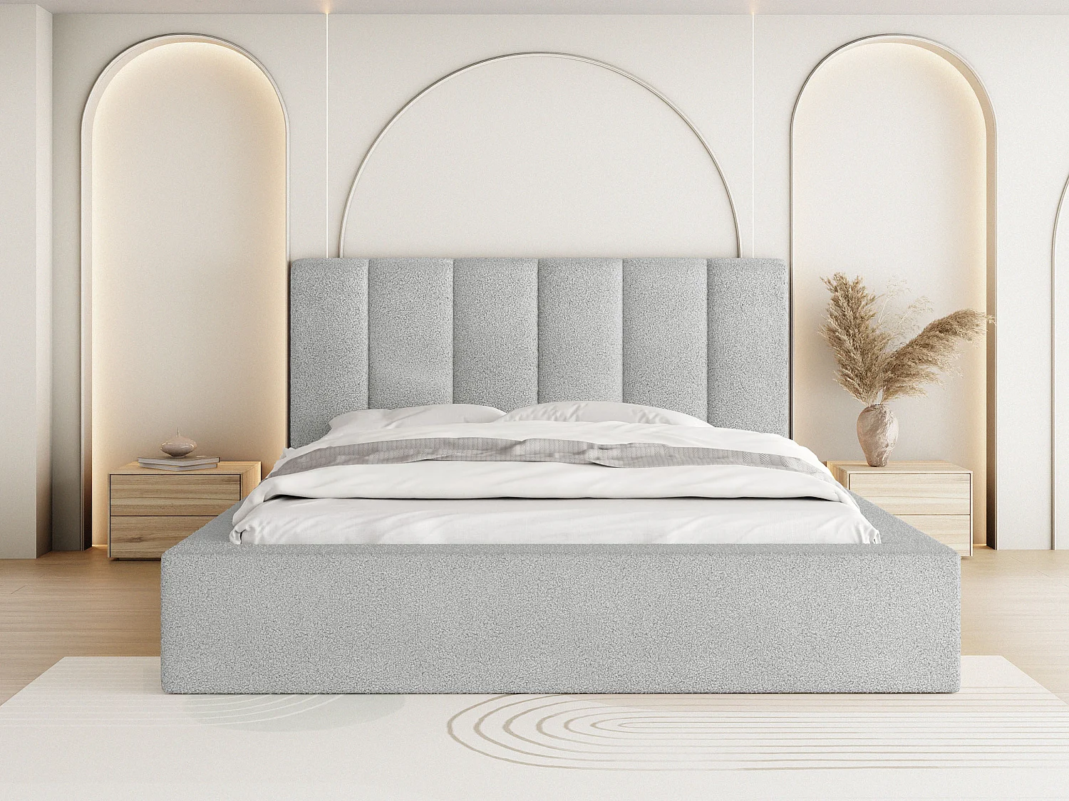 Polsterbett 140x200 – Bettkasten mit Lattenrost – Boucle oder Samt – Hohes Kopfteil – Bettgestell ohne Matratze – Amira – Modernes Doppelbett – Grau