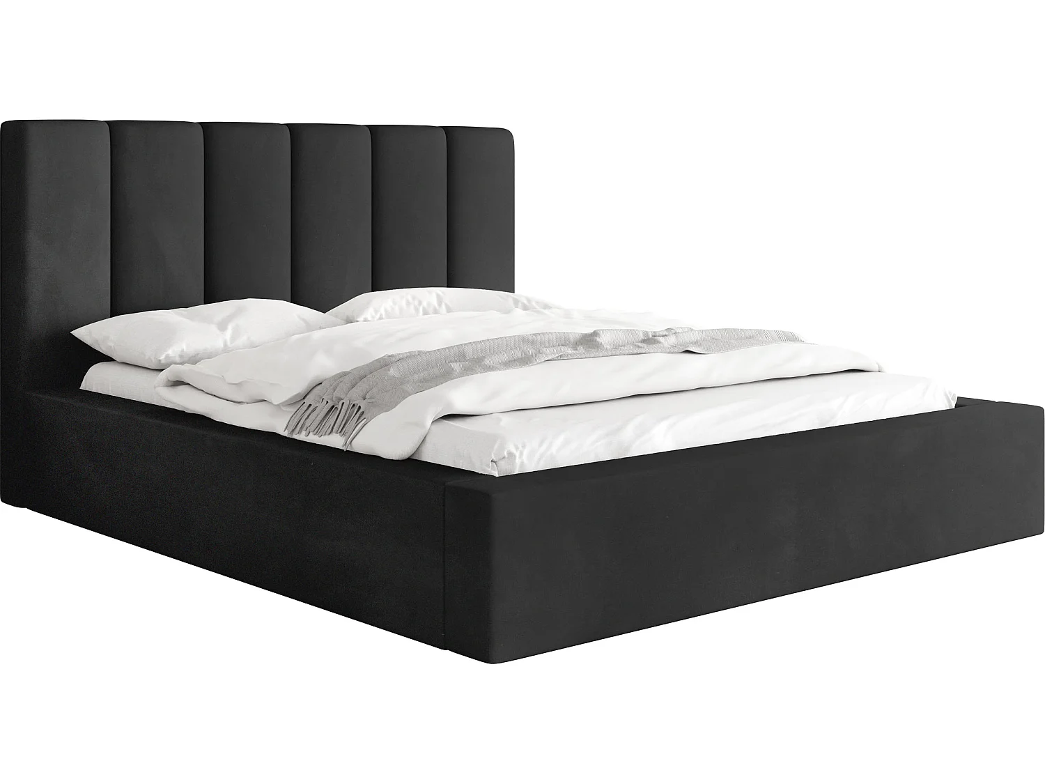 Polsterbett 140x200 – Bettkasten mit Lattenrost – Boucle oder Samt – Hohes Kopfteil – Bettgestell ohne Matratze – Amira – Modernes Doppelbett – Schwarz
