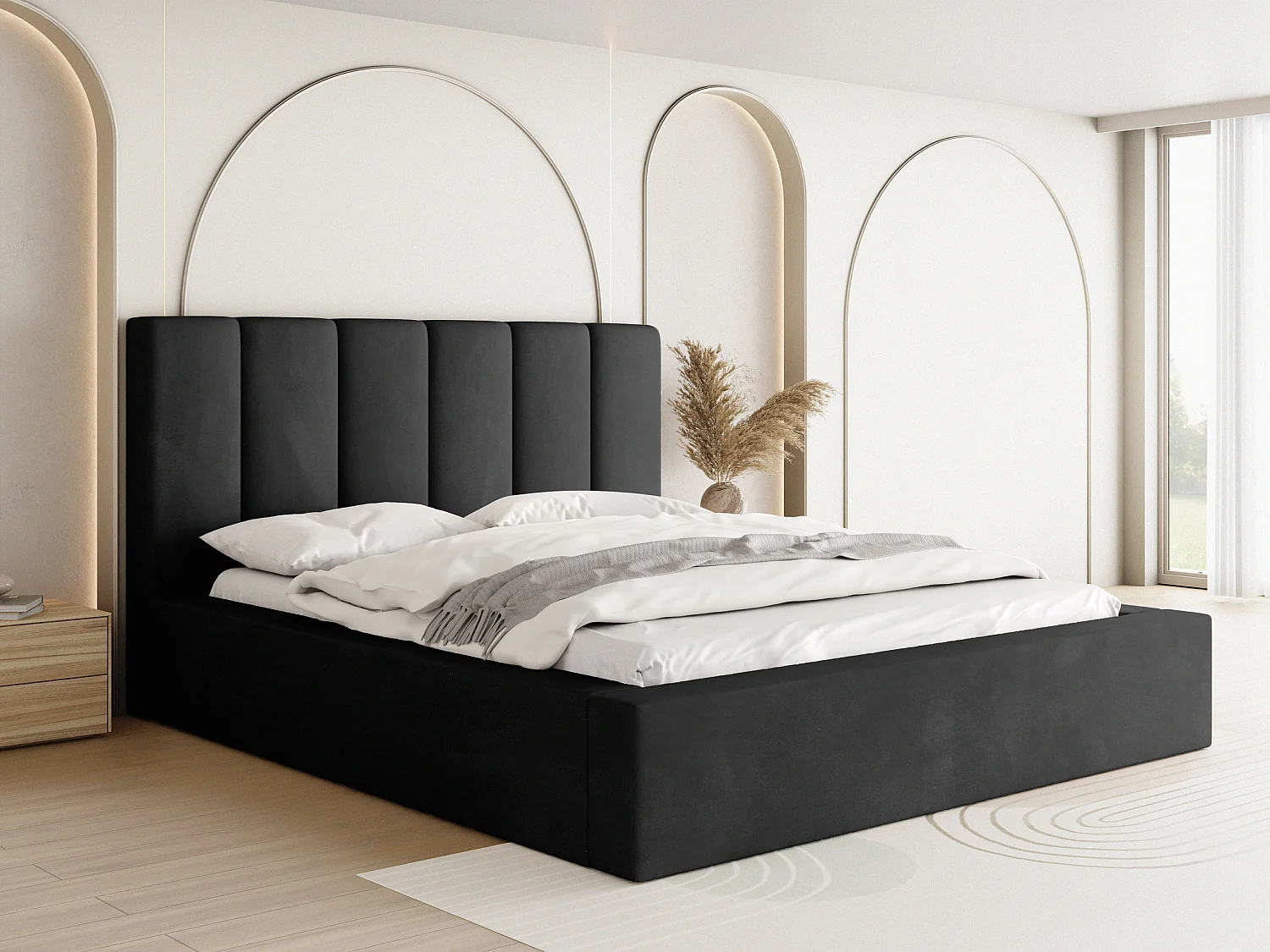 Polsterbett 140x200 – Bettkasten mit Lattenrost – Boucle oder Samt – Hohes Kopfteil – Bettgestell ohne Matratze – Amira – Modernes Doppelbett – Schwarz
