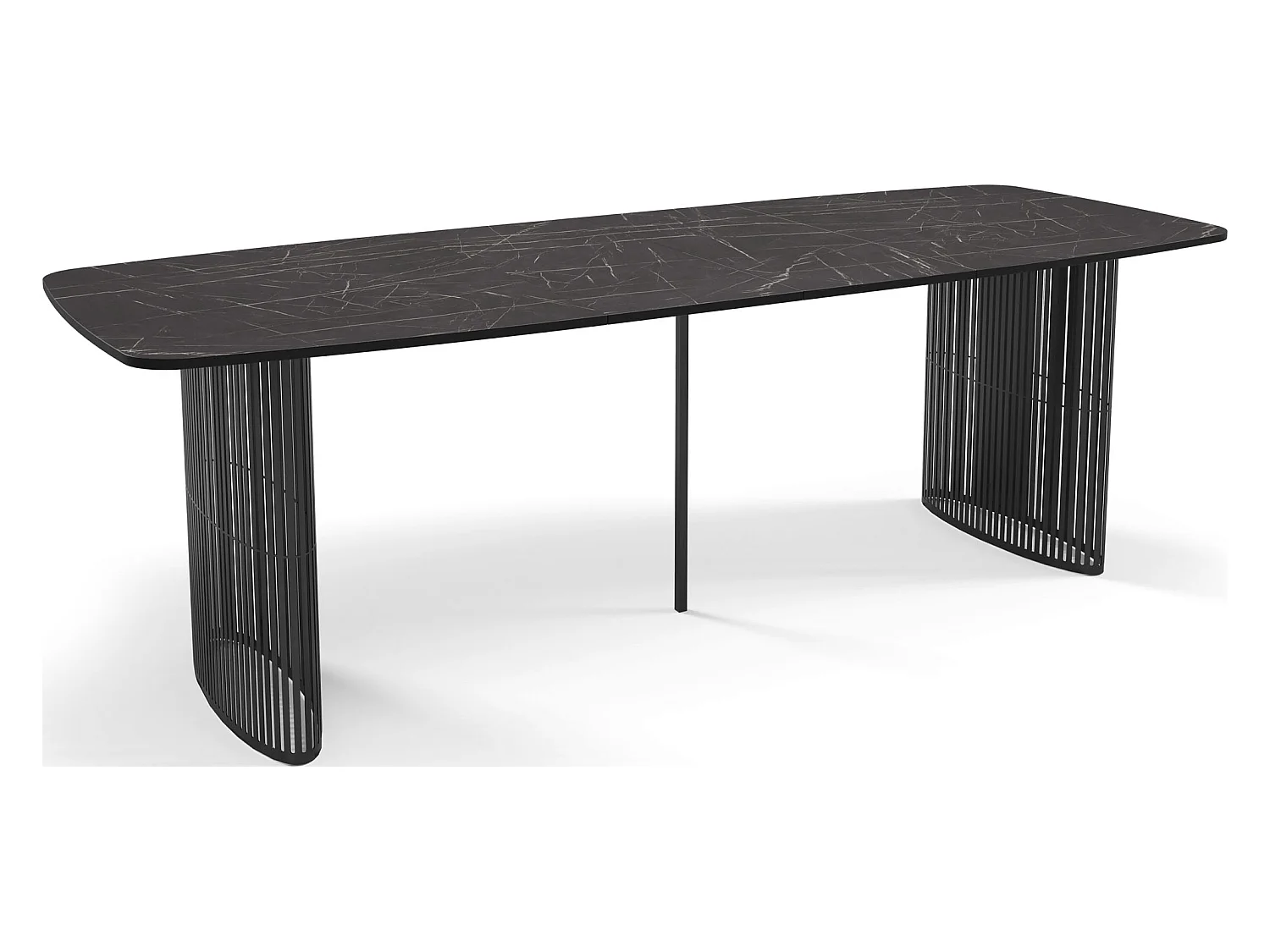 Table à Manger Rectangulaire Extensible à Lamelles Style Loft – 180 à 260 cm – Table avec Pieds en Métal Noir, Coins Arrondis pour 10-14 Personnes – Marbre Noir