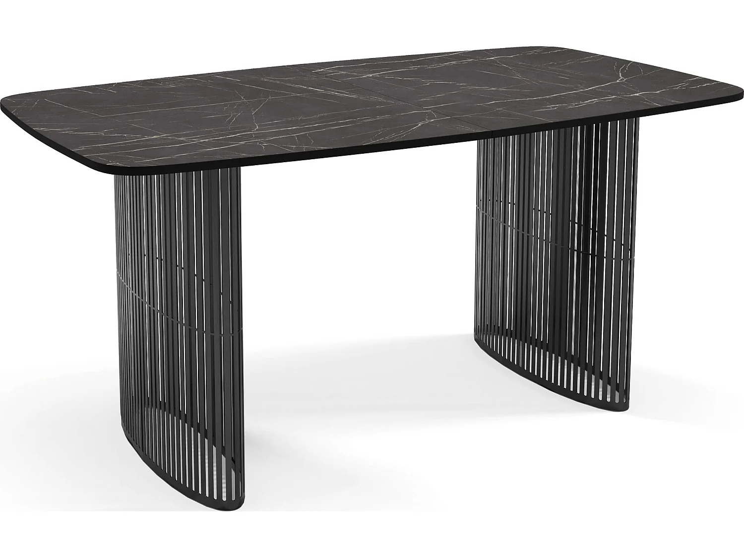 Esstisch Rechteckig Ausziehbar mit Lamellen im Loft-Stil – 180 bis 260 cm – Schwarzen Metallbeinen, Abgerundeten Ecken – für 10-14 Personen – Marmor Schwarz