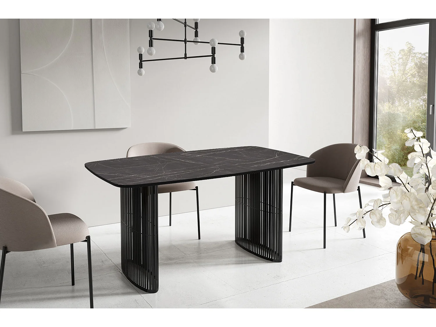 Esstisch Rechteckig Ausziehbar mit Lamellen im Loft-Stil – 180 bis 260 cm – Schwarzen Metallbeinen, Abgerundeten Ecken – für 10-14 Personen – Marmor Schwarz