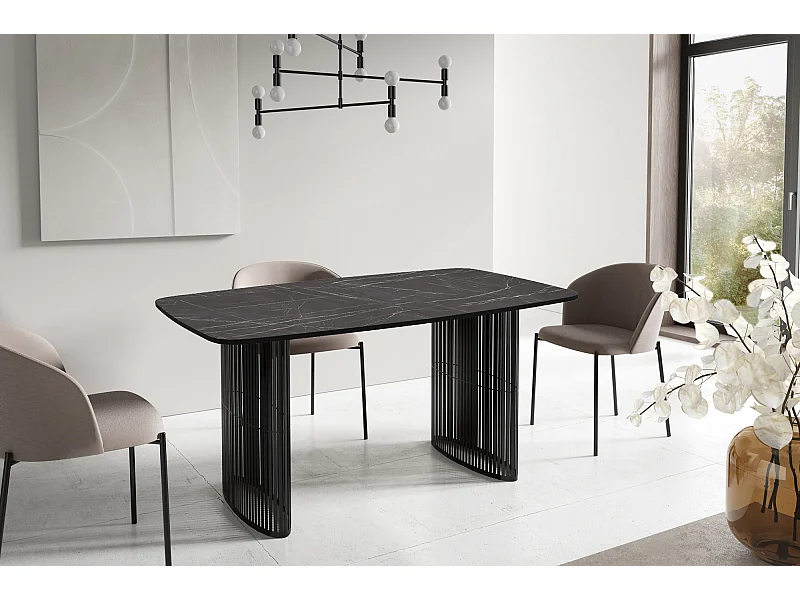 Table à Manger Rectangulaire Extensible à Lamelles Style Loft – 180 à 260 cm – Table avec Pieds en Métal Noir, Coins Arrondis pour 10-14 Personnes – Marbre Noir