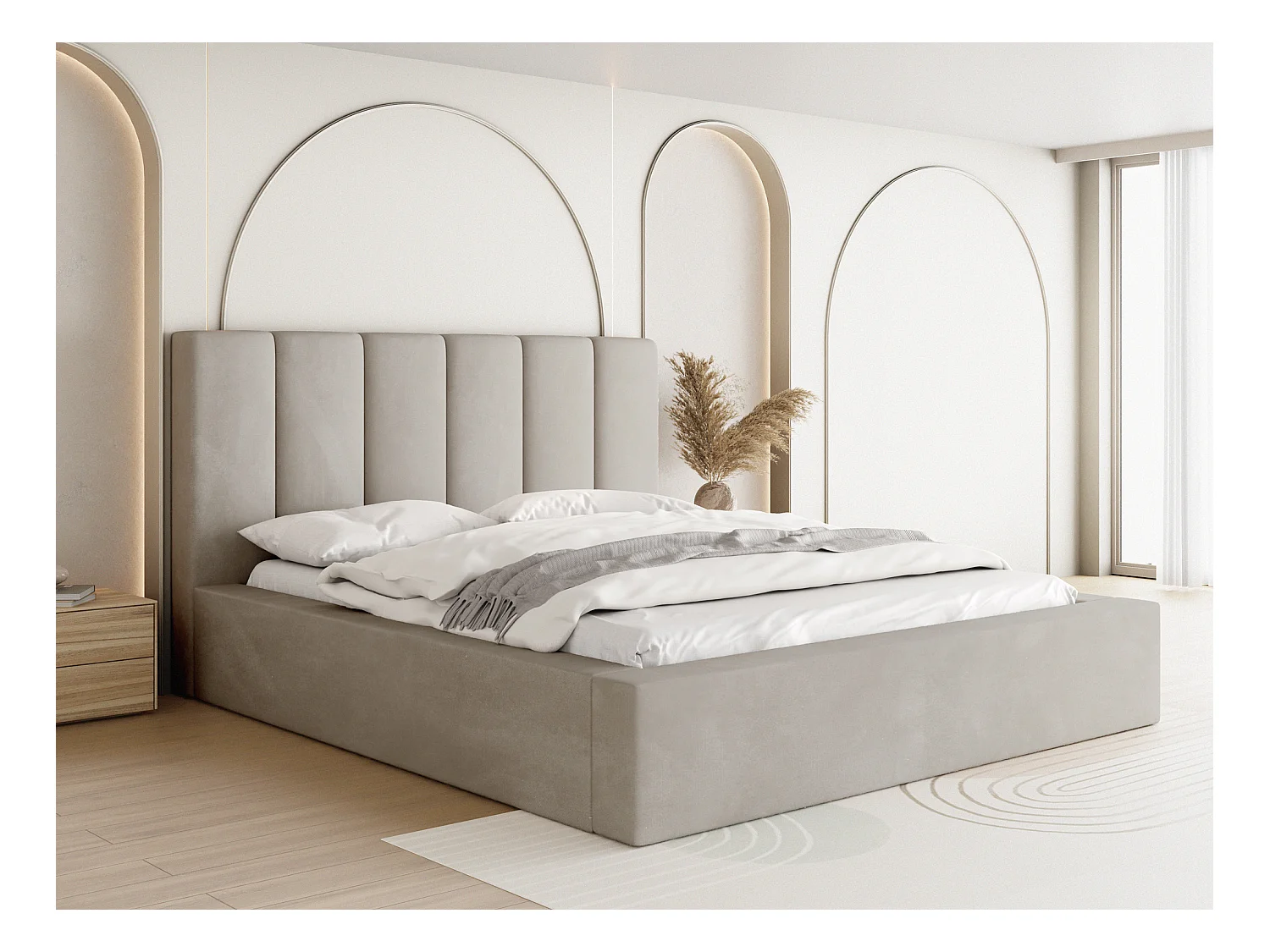Lit Rembourré 160x200 - Lit Coffre Crème en Tissu Velours - Rangement - Cadre avec Sommier à Lattes - Tête Capitonnée - Amira - Lit Adulte Moderne - Beige