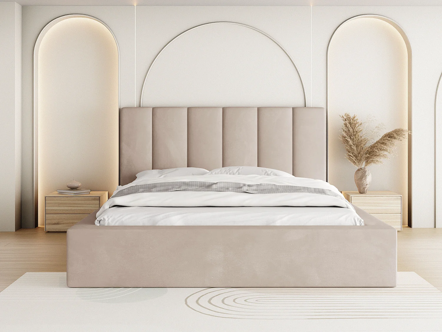 Polsterbett 160x200 – Bettkasten mit Lattenrost – Boucle oder Samt Creme – Hohes Kopfteil – Bettgestell ohne Matratze – Amira – Modernes Doppelbett – Beige
