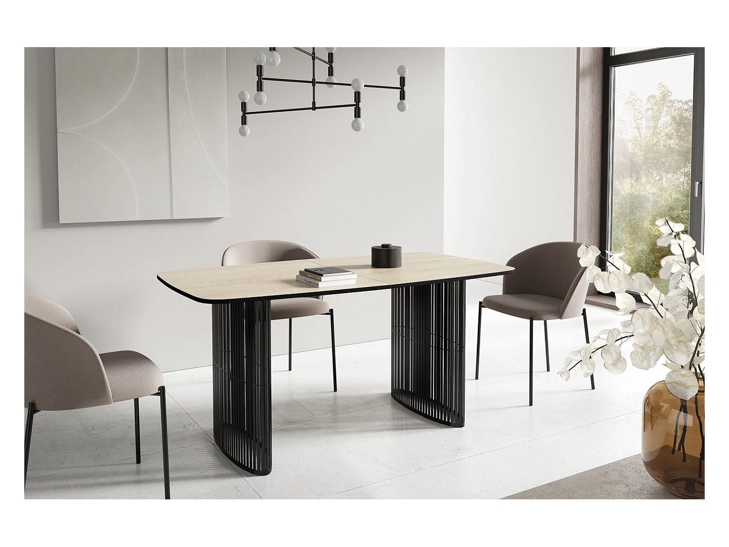 Esstisch Rechteckig Ausziehbar mit Lamellen im Loft-Stil – 180 bis 260 cm – Schwarzen Metallbeinen, Abgerundeten Ecken – für 10-14 Personen – Wohnzimmer – Hellbraun