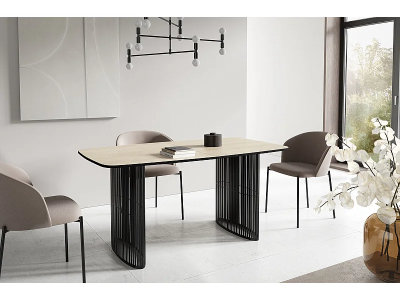 Esstisch Rechteckig Ausziehbar mit Lamellen im Loft-Stil – 180 bis 260 cm – Schwarzen Metallbeinen, Abgerundeten Ecken – für 10-14 Personen – Wohnzimmer – Hellbraun