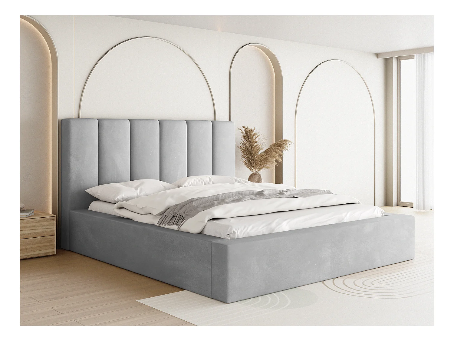 Lit Rembourré 140x200 - Lit Coffre en Tissu Velours - Rangement - Cadre avec Sommier à Lattes - Tête Capitonnée - Amira - Lit Adulte Moderne - Gris