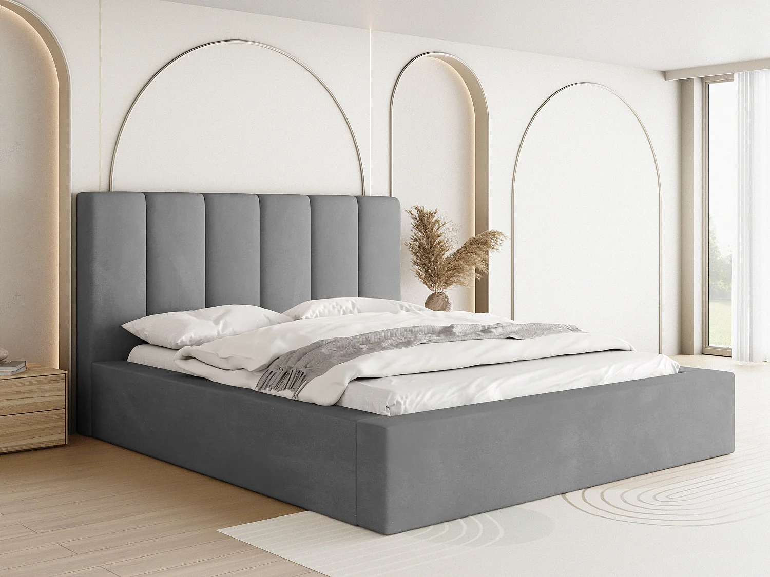 Polsterbett 140x200 – Bettkasten mit Lattenrost – Boucle oder Samt – Hohes Kopfteil – Bettgestell ohne Matratze – Amira – Modernes Doppelbett – Grau