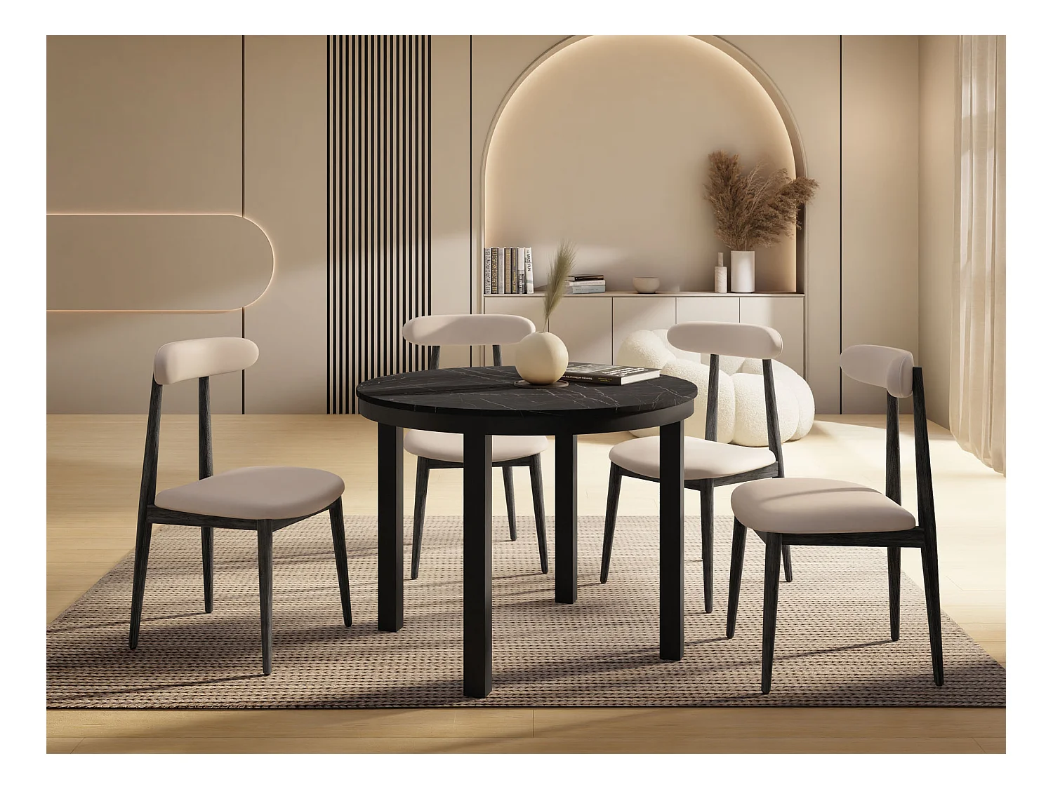 Table à Manger Ronde Extensible avec Pieds Métalliques Noirs – Table Industrielle – Table Gain de Place pour Salon ou Cuisine – 100 cm à 180 cm – Marbre Noir