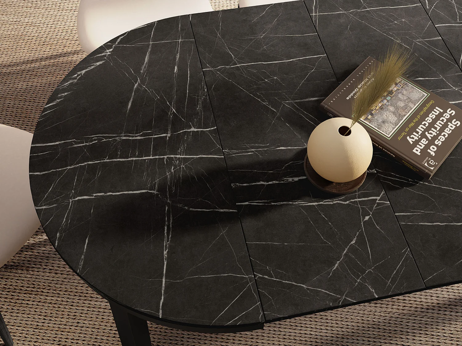 Table à Manger Ronde Extensible avec Pieds Métalliques Noirs – Table Industrielle – Table Gain de Place pour Salon ou Cuisine – 100 cm à 180 cm – Marbre Noir