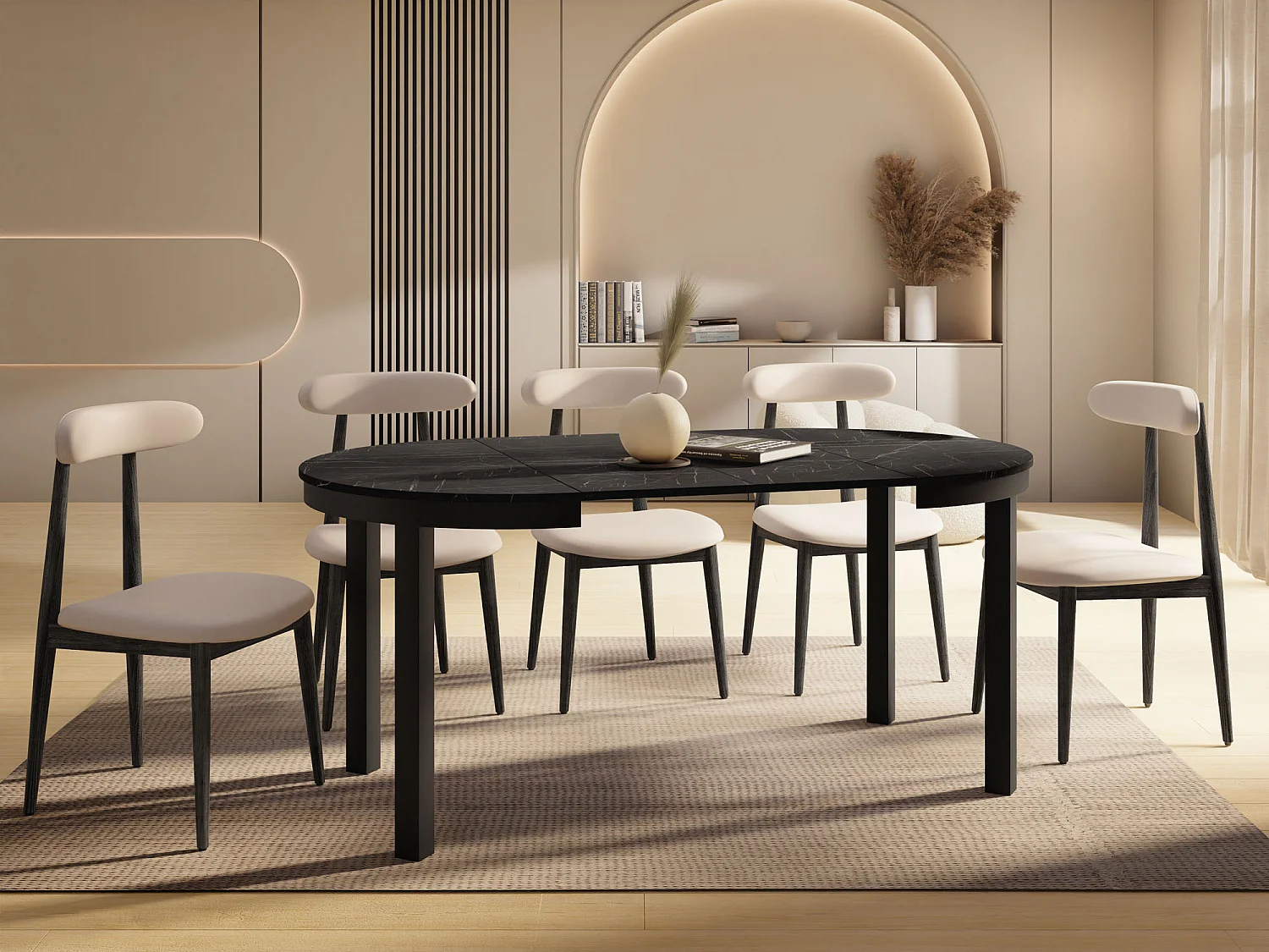 Table à Manger Ronde Extensible avec Pieds Métalliques Noirs – Table Industrielle – Table Gain de Place pour Salon ou Cuisine – 100 cm à 180 cm – Marbre Noir