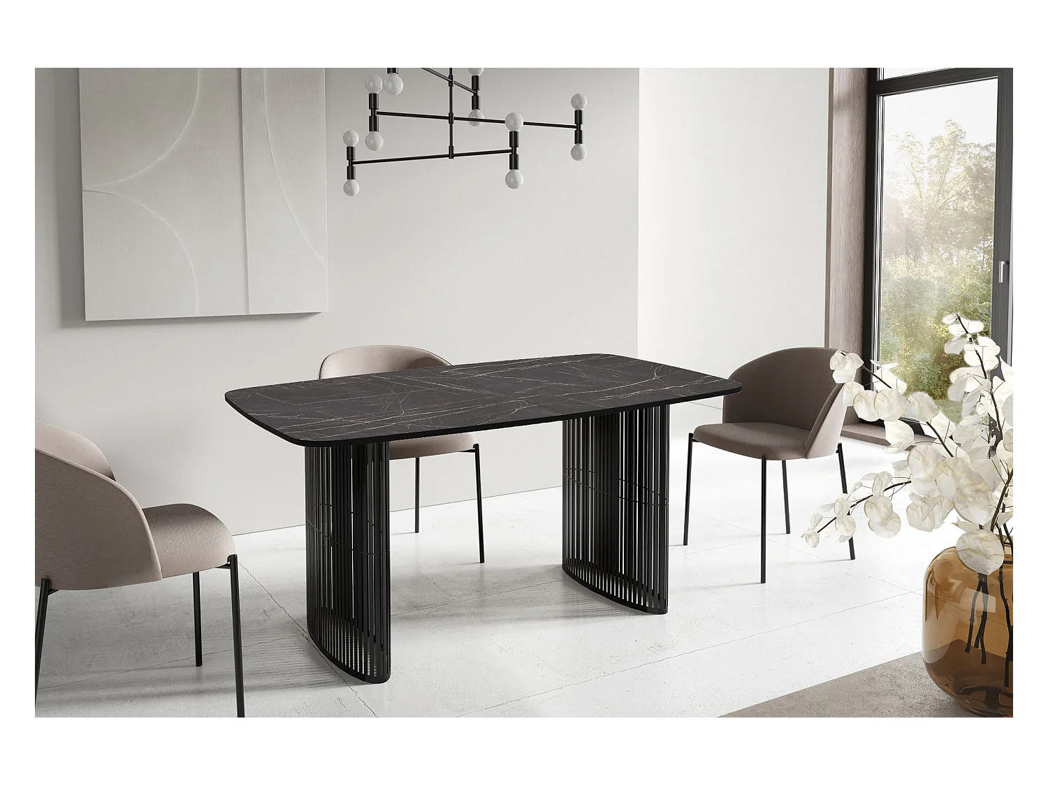 Table à Manger Rectangulaire Extensible à Lamelles Style Loft – 160 à 240 cm – Table avec Pieds en Métal Noir, Coins Arrondis pour 8-12 Personnes – Marbre Noir