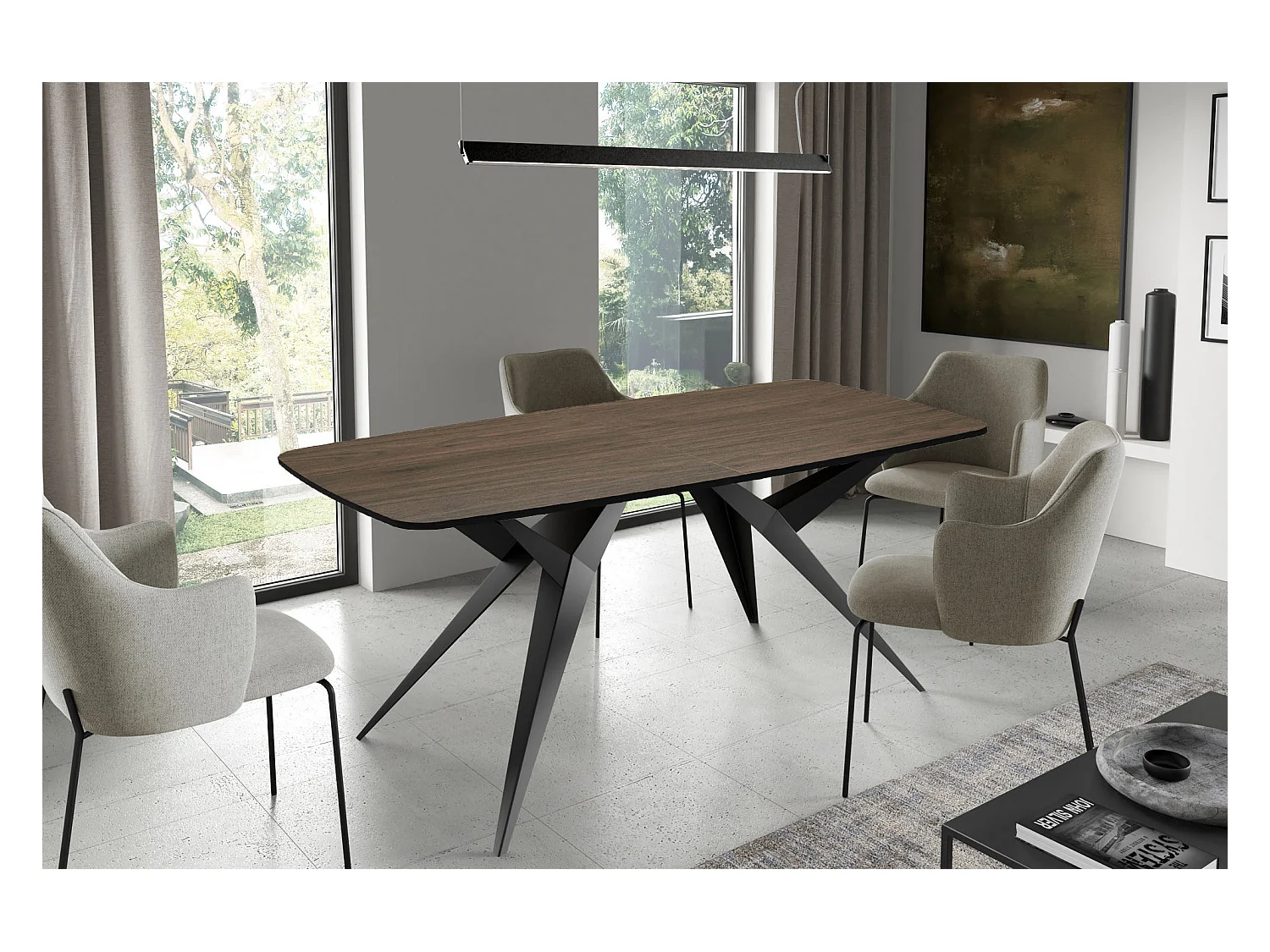 Ausziehbarer Esstisch im Loft-Stil – Rechteckiger Tisch mit Schwarzen Metallbeinen – Industrietisch mit Abgerundeten Ecken – für 8-12 Personen – 180cm Walnuss Braun