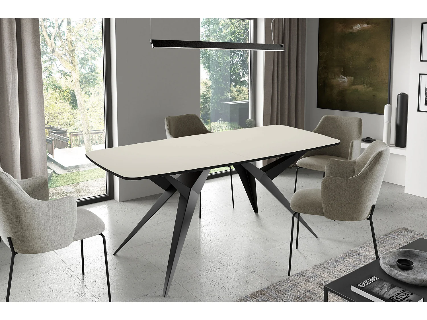 Ausziehbarer Esstisch im Loft-Stil – Rechteckiger Tisch mit Schwarzen Metallbeinen – Industrietisch mit Abgerundeten Ecken für 8-12 Personen – 180 cm Beige Cashmere