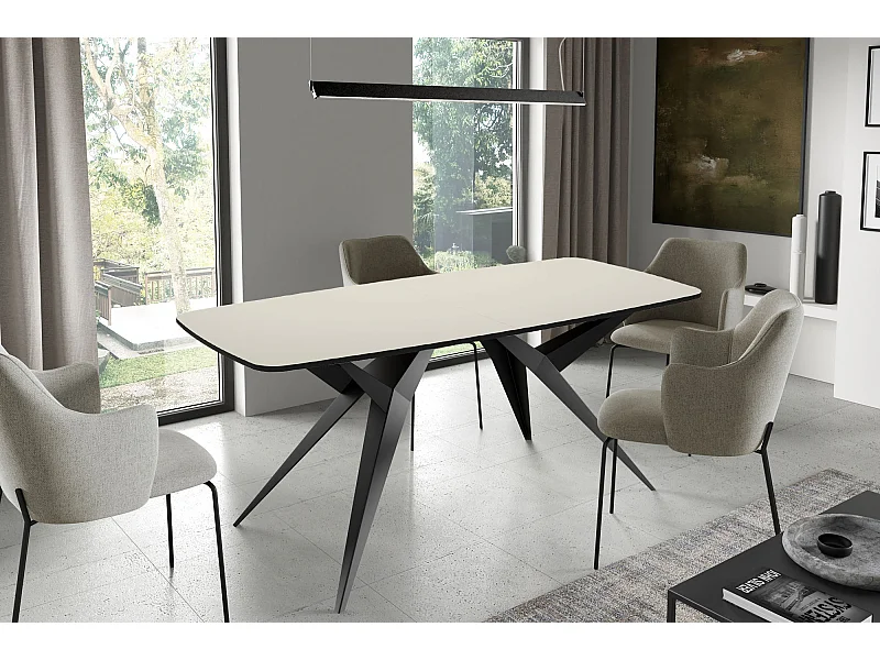 Ausziehbarer Esstisch im Loft-Stil – Rechteckiger Tisch mit Schwarzen Metallbeinen – Industrietisch mit Abgerundeten Ecken für 8-12 Personen – 180 cm Beige Cashmere