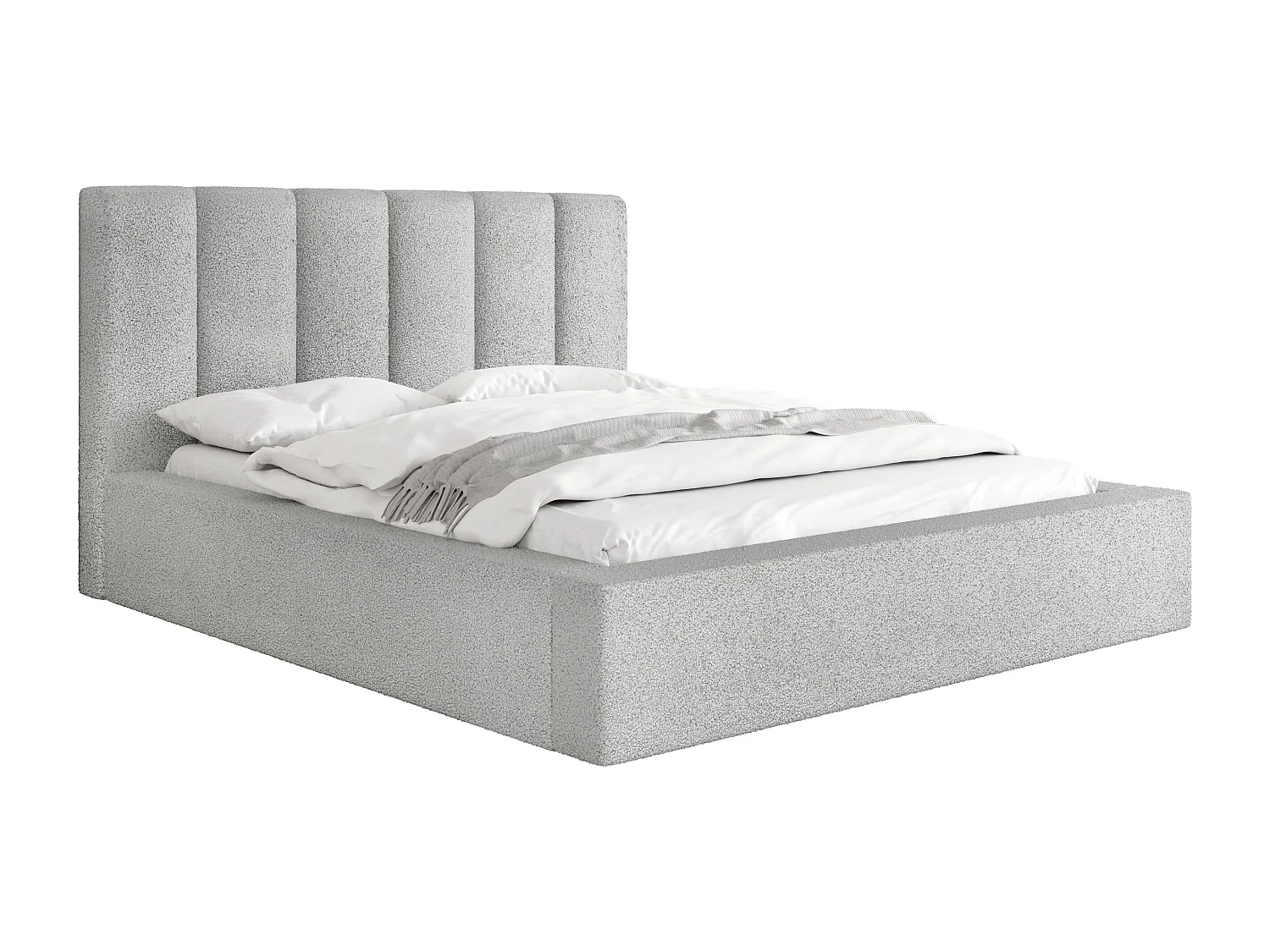 Polsterbett 180x200 – Bettkasten mit Lattenrost – Boucle oder Samt – Hohes Kopfteil – Bettgestell ohne Matratze – Amira – Modernes Doppelbett – Grau