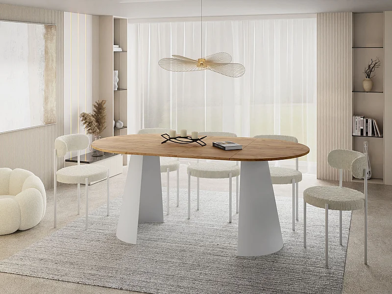 Table à Manger Ronde Extensible – 100 à 180 cm – Table Industrielle avec Pieds en Métal Coniques Blancs pour 5 à 8 Personnes – Gain de Place – Chêne Marron Clair