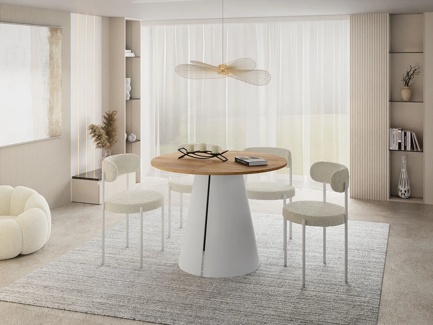 Table à Manger Ronde Extensible – 100 à 180 cm – Table Industrielle avec Pieds en Métal Coniques Blancs pour 5 à 8 Personnes – Gain de Place – Chêne Marron Clair