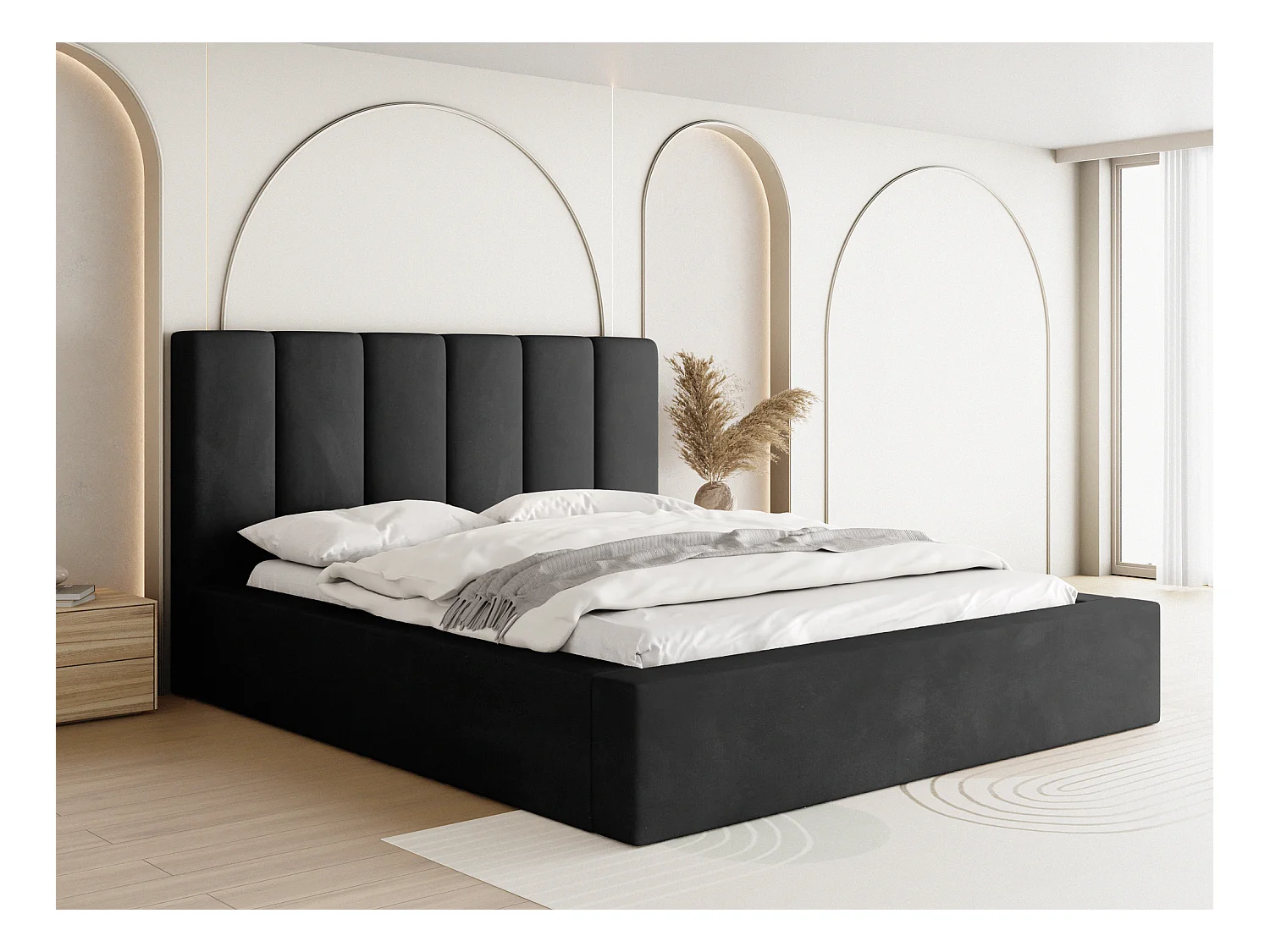 Lit Rembourré 180x200 - Lit Coffre en Tissu Velours - Rangement - Cadre avec Sommier à Lattes - Tête Capitonnée - Amira - Lit Adulte Moderne - Noir