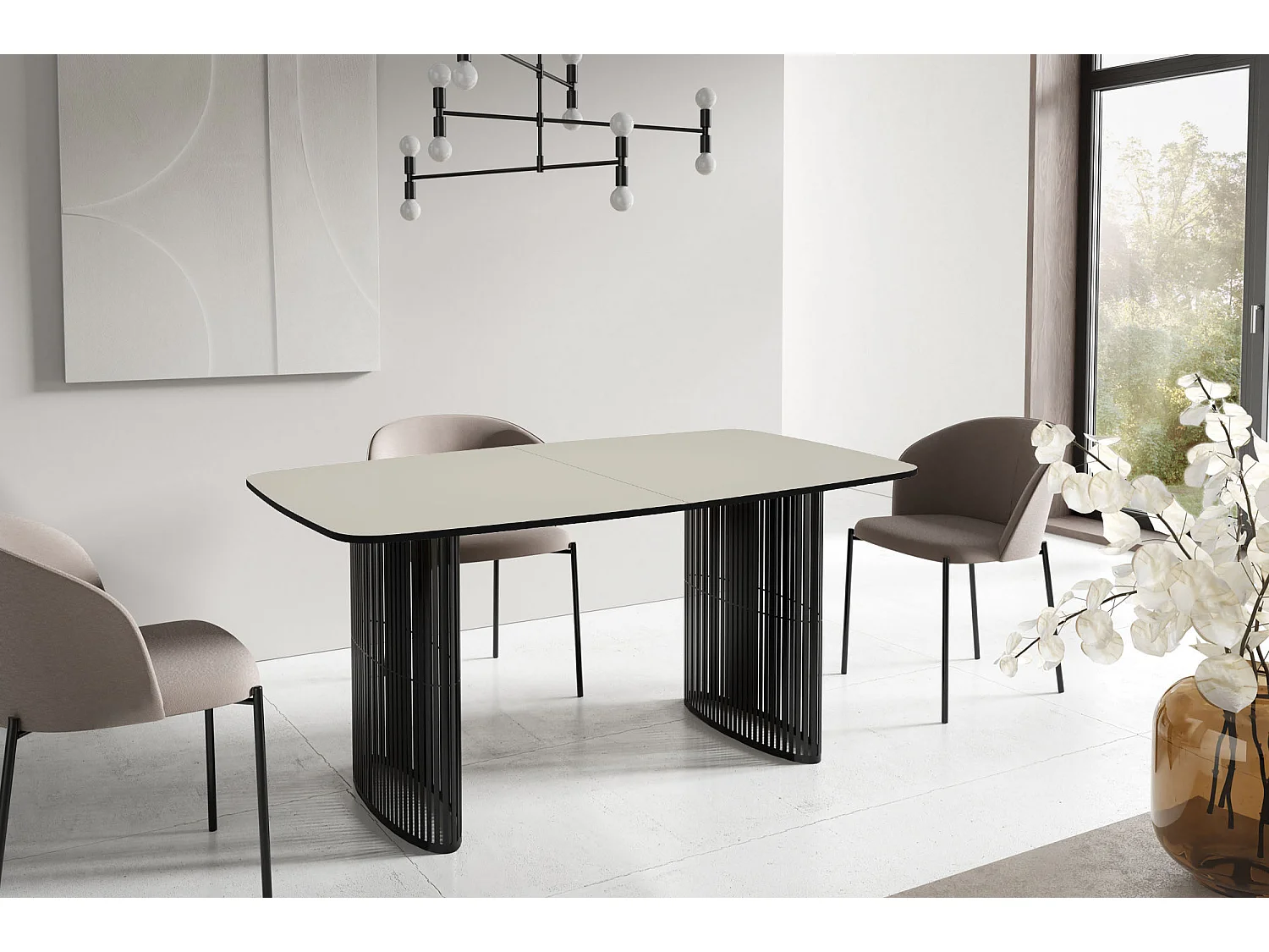 Esstisch Rechteckig Ausziehbar mit Lamellen im Loft-Stil – 180 bis 260 cm – Schwarzen Metallbeinen, Abgerundeten Ecken – für 10-14 Personen – Beige Cashmere