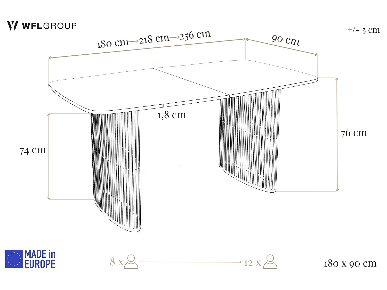 Esstisch Rechteckig Ausziehbar mit Lamellen im Loft-Stil – 180 bis 260 cm – Schwarzen Metallbeinen, Abgerundeten Ecken – für 10-14 Personen – Beige Cashmere