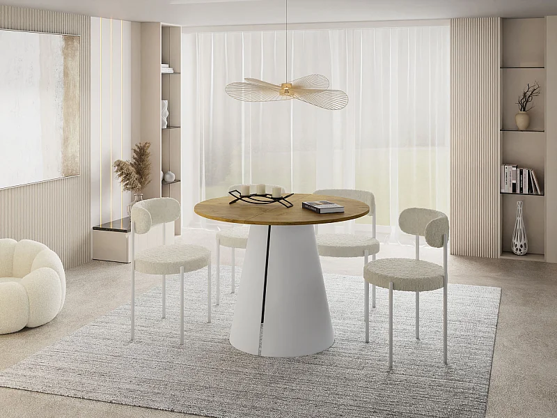 Table à Manger Ronde Extensible – 120 à 200 cm – Table Industrielle avec Pieds en Métal Coniques Blancs pour 6 à 10 Personnes – Gain de Place – Chêne Marron Clair