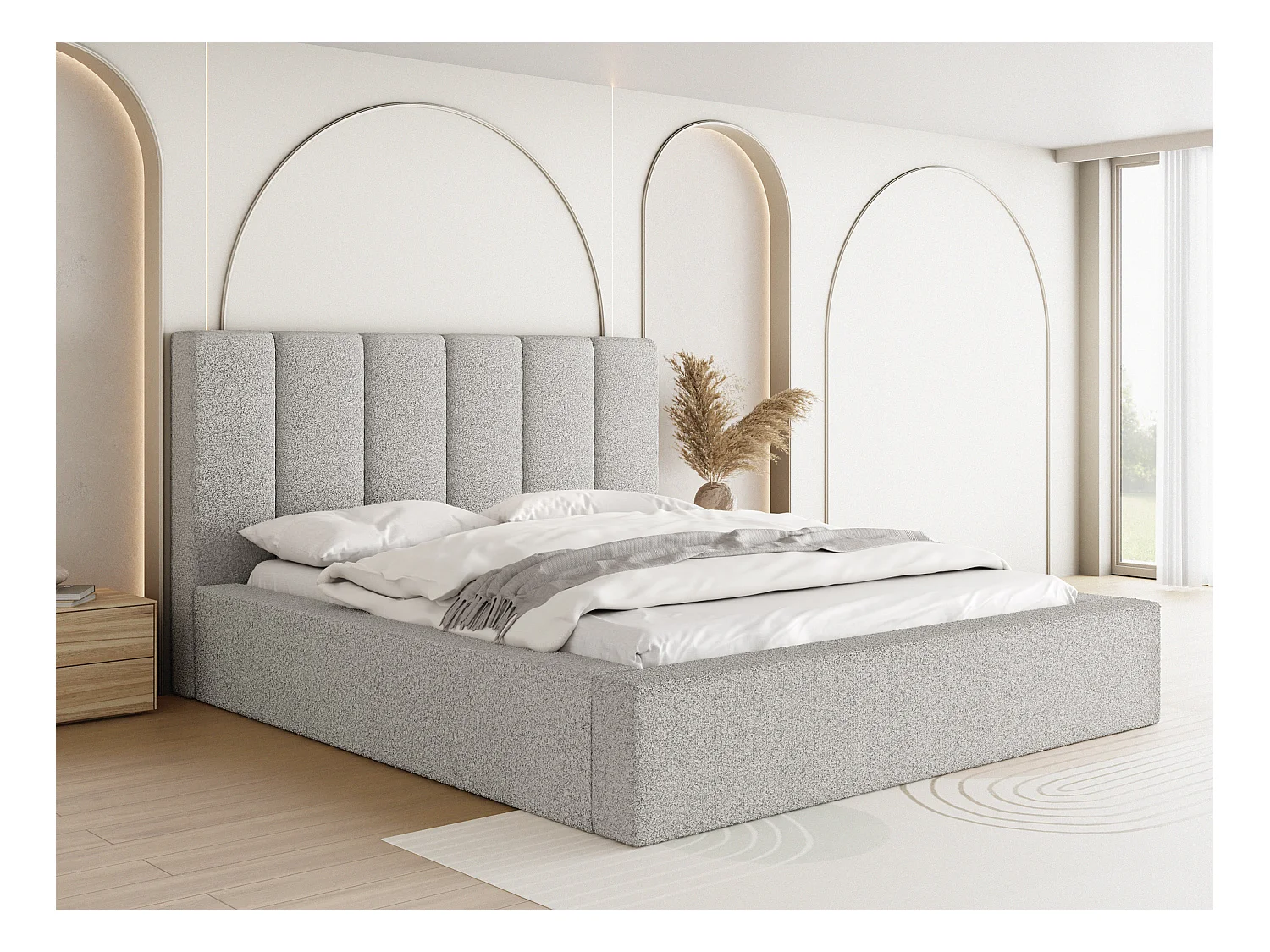 Lit Rembourré 120x200 - Lit Coffre en Tissu Bouclette - Rangement - Cadre avec Sommier à Lattes - Tête Capitonnée - Amira - Lit Adulte Moderne - Gris