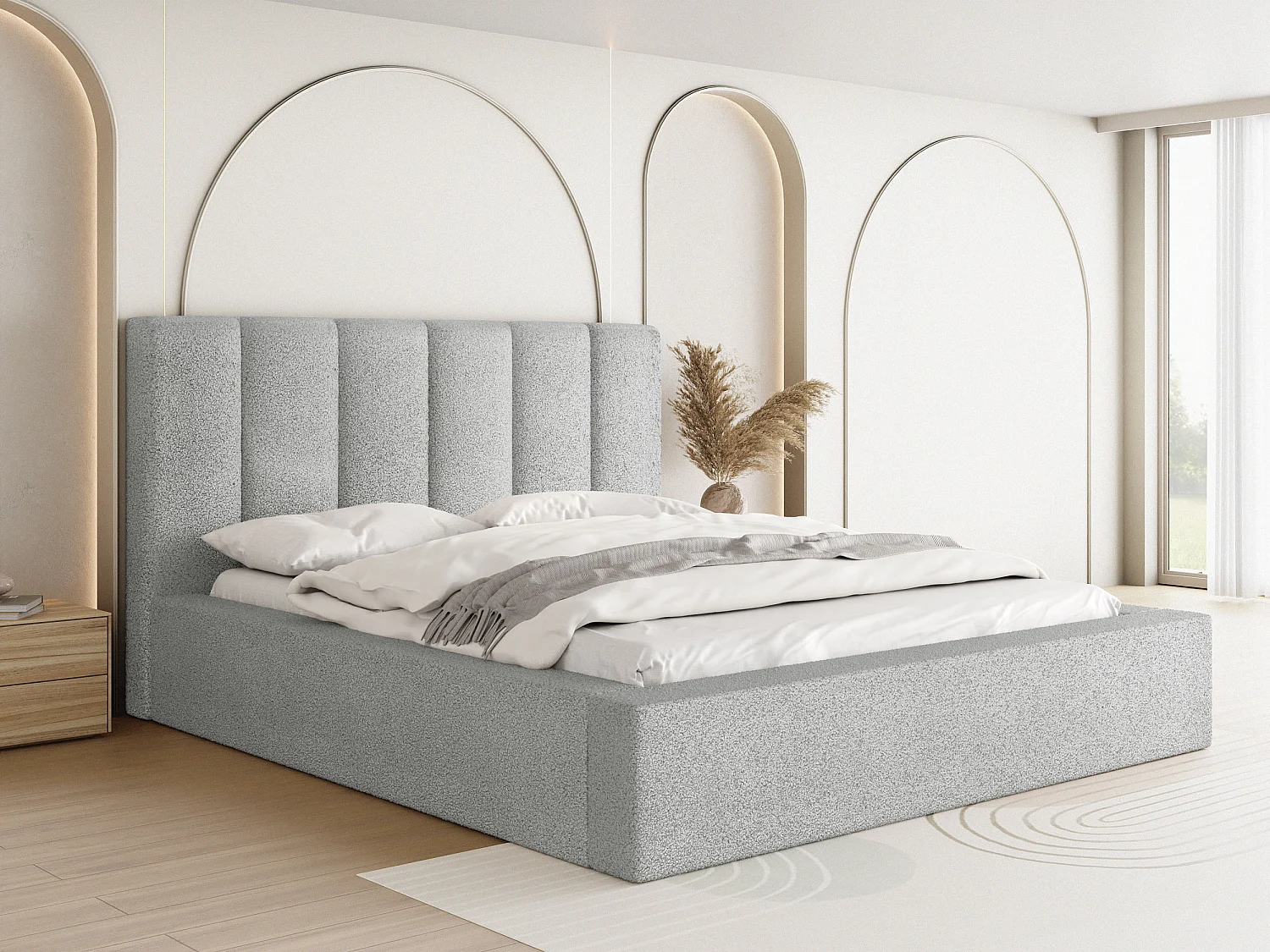 Polsterbett 120x200 – Bettkasten mit Lattenrost – Boucle oder Samt – Hohes Kopfteil – Bettgestell ohne Matratze – Amira – Modernes Doppelbett – Grau