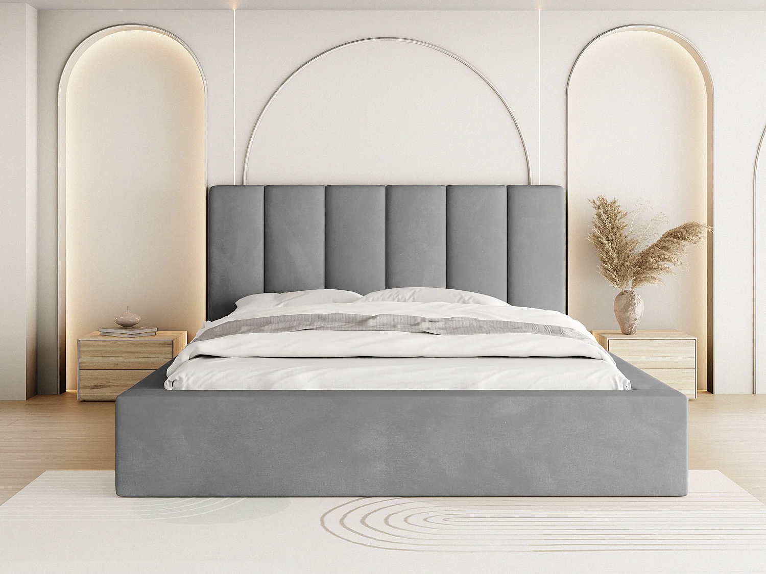 Polsterbett 160x200 – Bettkasten mit Lattenrost – Boucle oder Samt – Hohes Kopfteil – Bettgestell ohne Matratze – Amira – Modernes Doppelbett – Grau