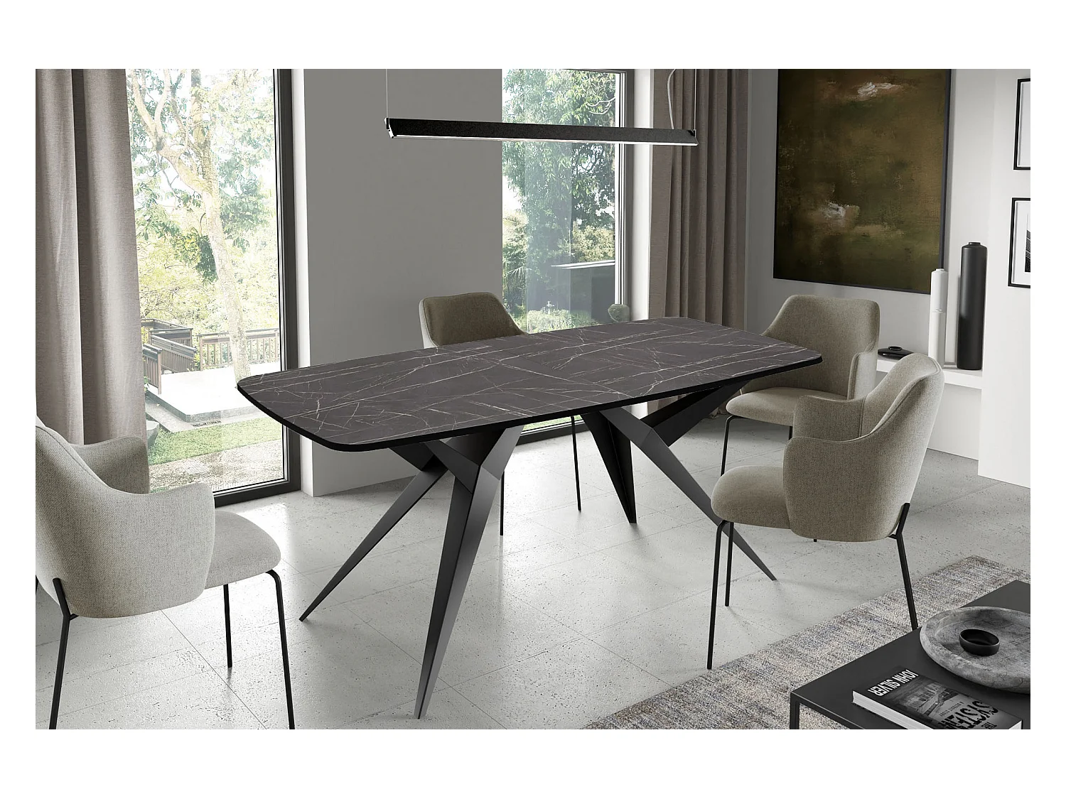 Ausziehbarer Esstisch im Loft-Stil – Rechteckiger Tisch mit Schwarzen Metallbeinen – Industrietisch mit Abgerundeten Ecken für 10-14 Personen – 200cm Marmor Schwarz